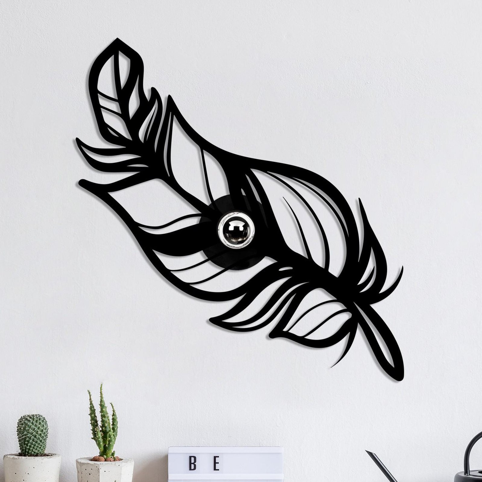 Wall light W-030, black, feather design, MDF wood, laser cut