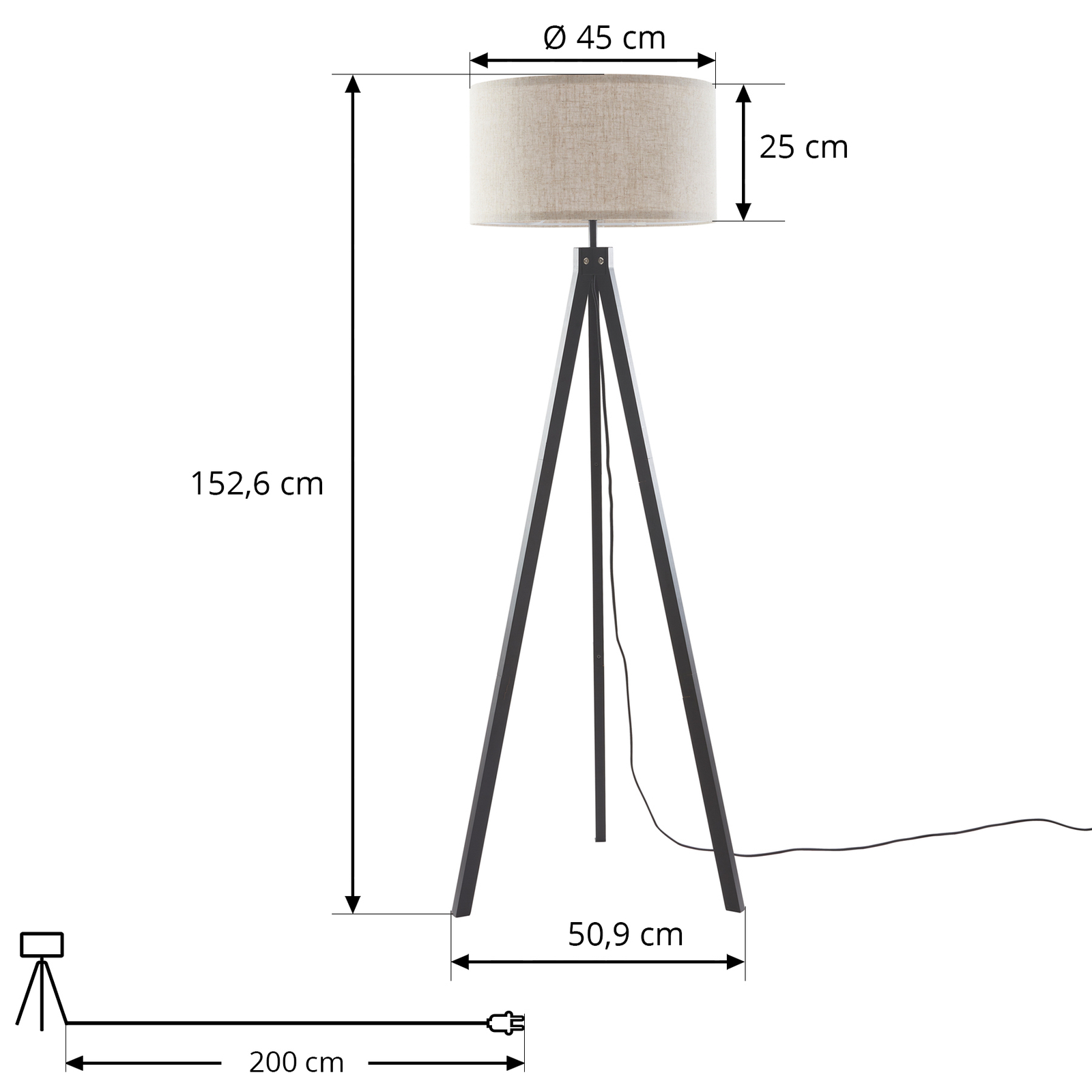 Stojací lampa Lindby Herry, černá, dřevo, trojnožka, 153 cm