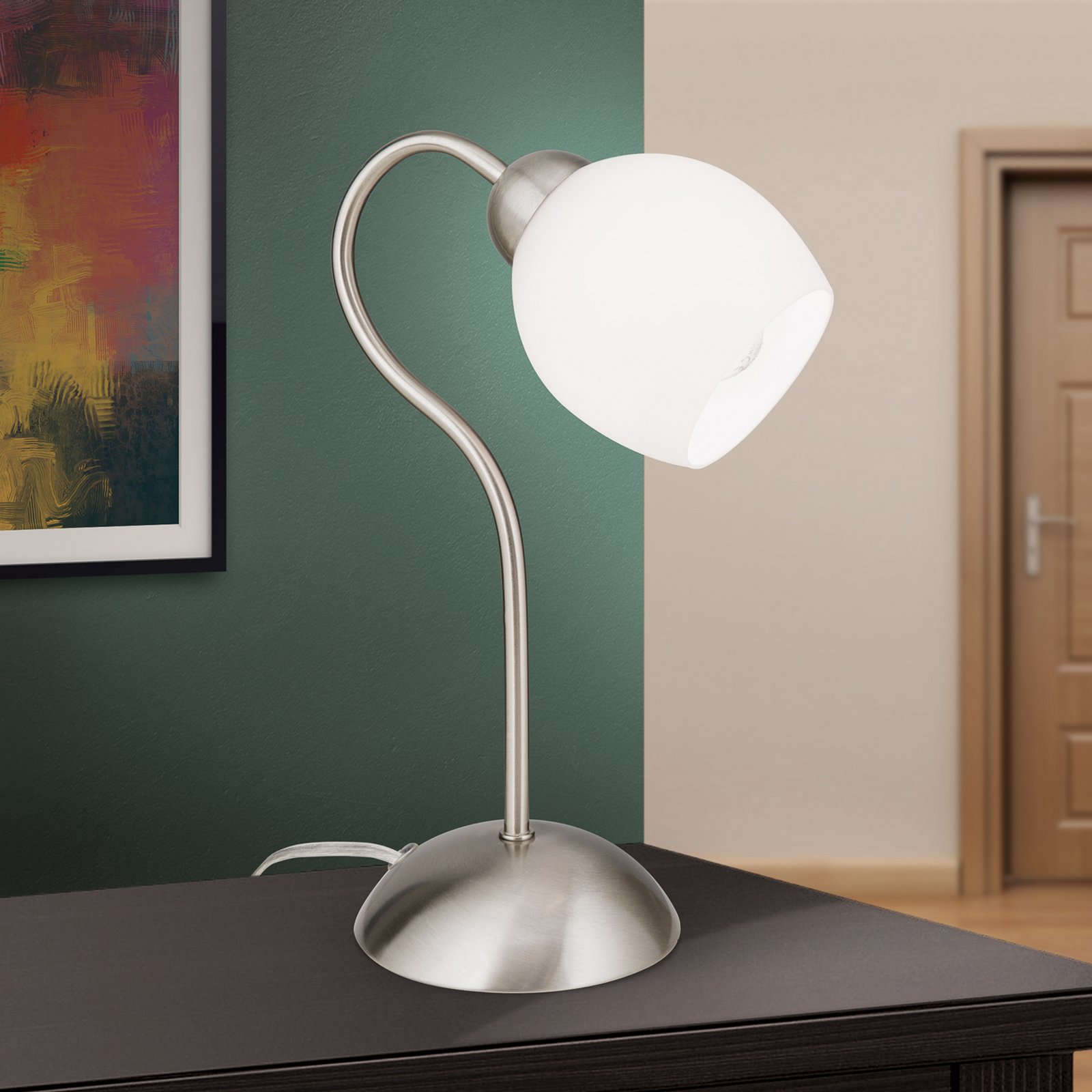 Lampe à poser Doma, nickel satiné, hauteur 30 cm, verre