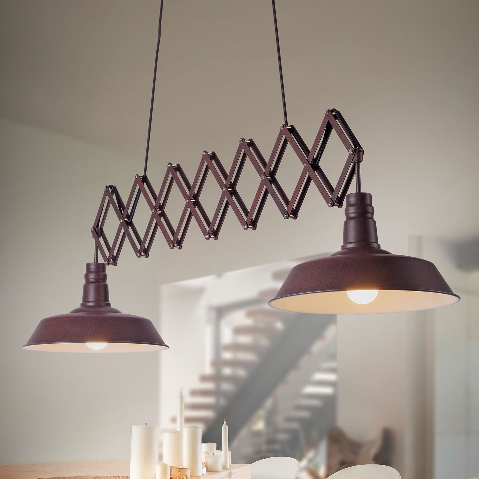 Trio Lighting Detroit hanging light 2-bulb, rust-coloured, for Living / Dining Room, metal, E27, 42 W, energy efficiency: A++, L: 187 cm, W: 36 cm