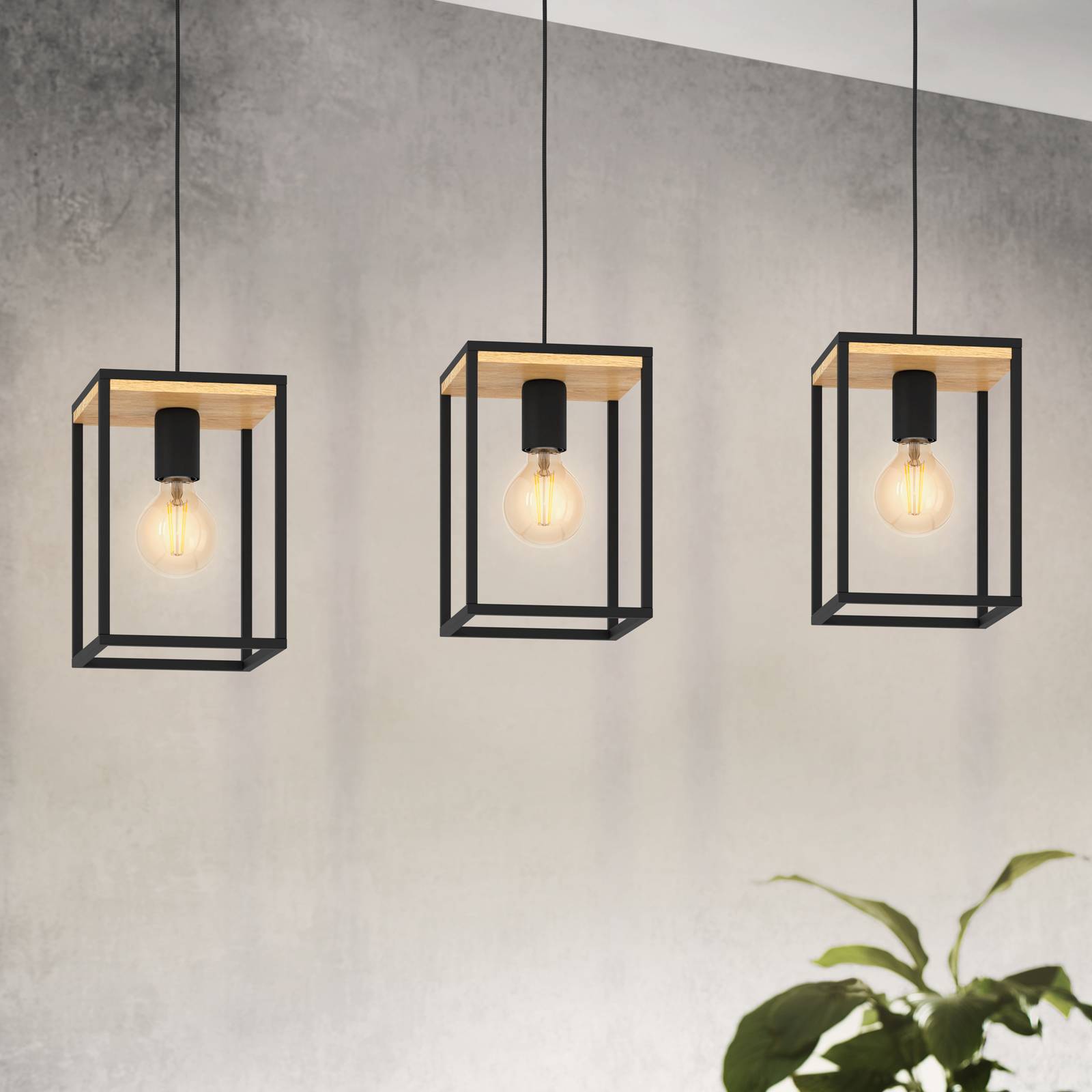 EGLO Suspension Libertad, longueur 88 cm, noir/bois, 3 lampes