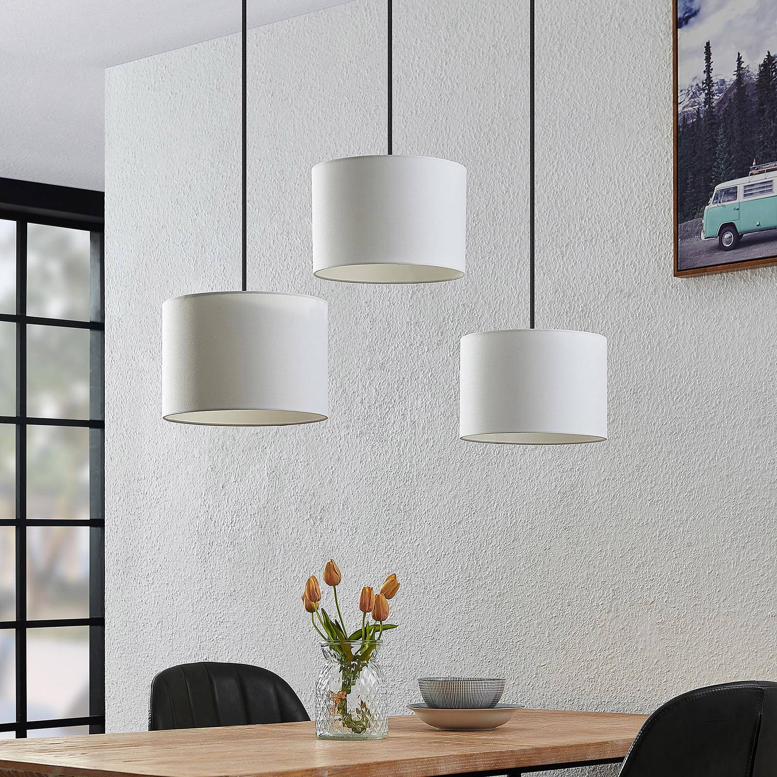 Lindby Meeno suspension en tissu blanche 3 lampes