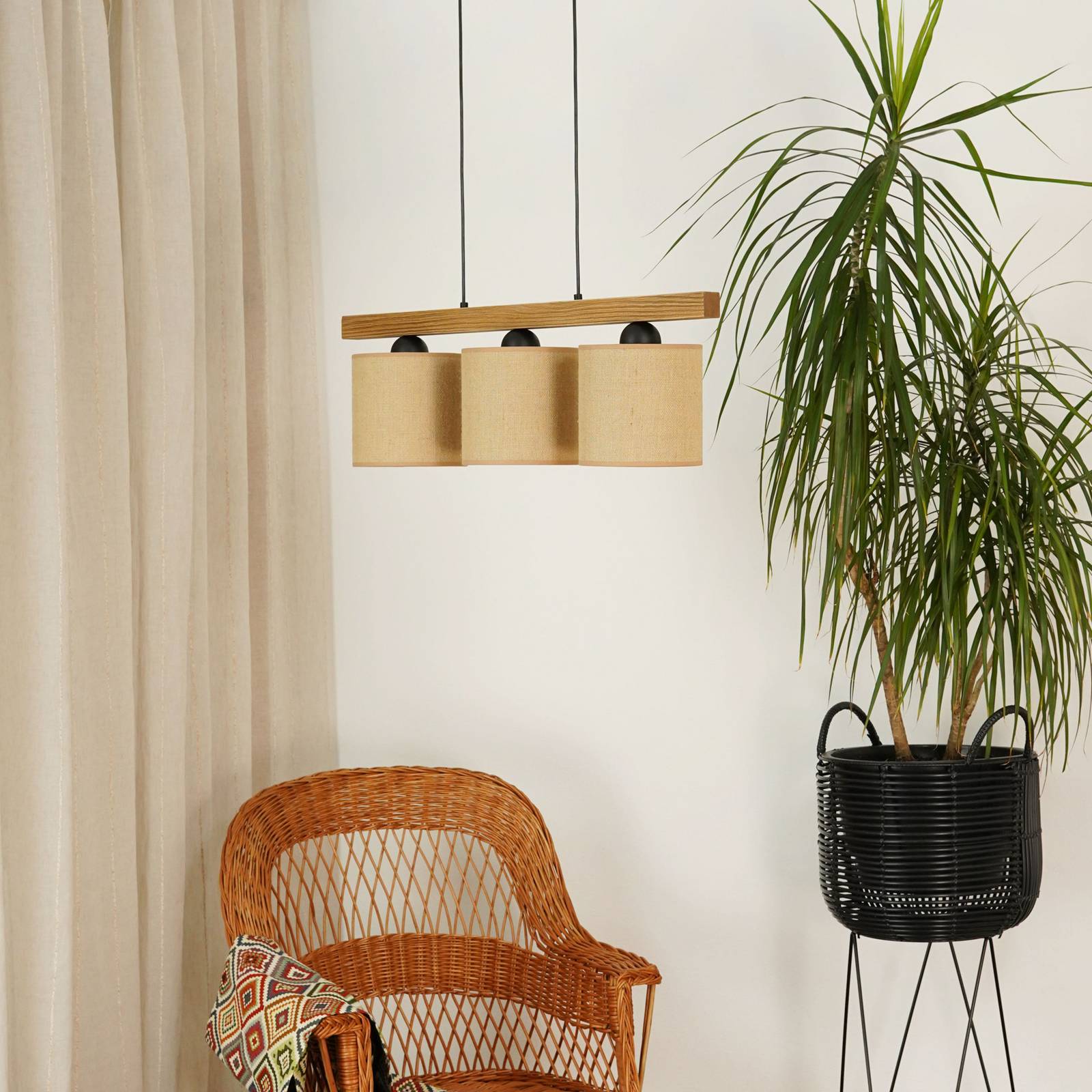 Lampa wisząca Forest, drewno jasne/czarne, juta naturalna, 3-punktowa