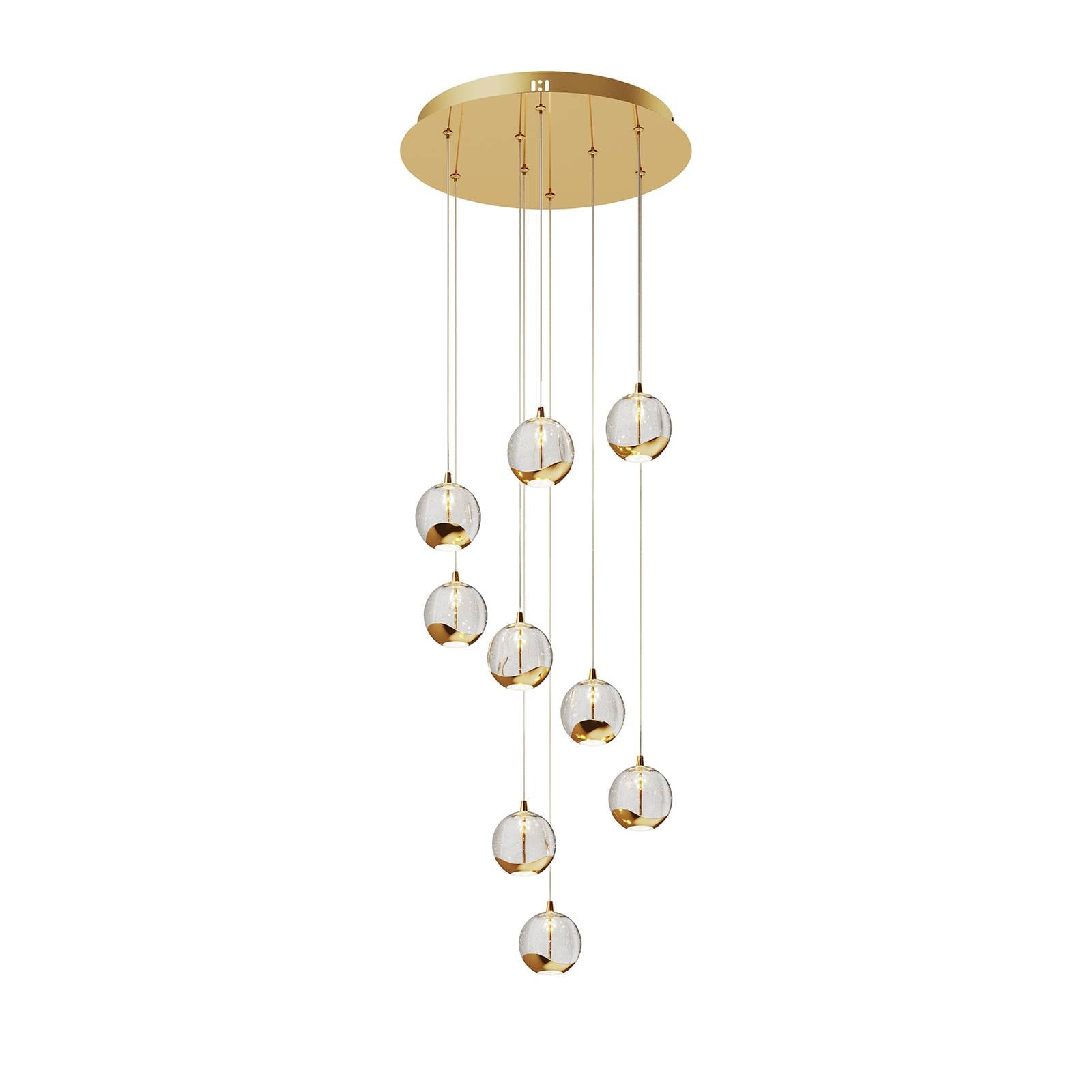 Lucande LED-Hängelampe Hayley, Ø 40 cm, 9-flg., gold, Glas