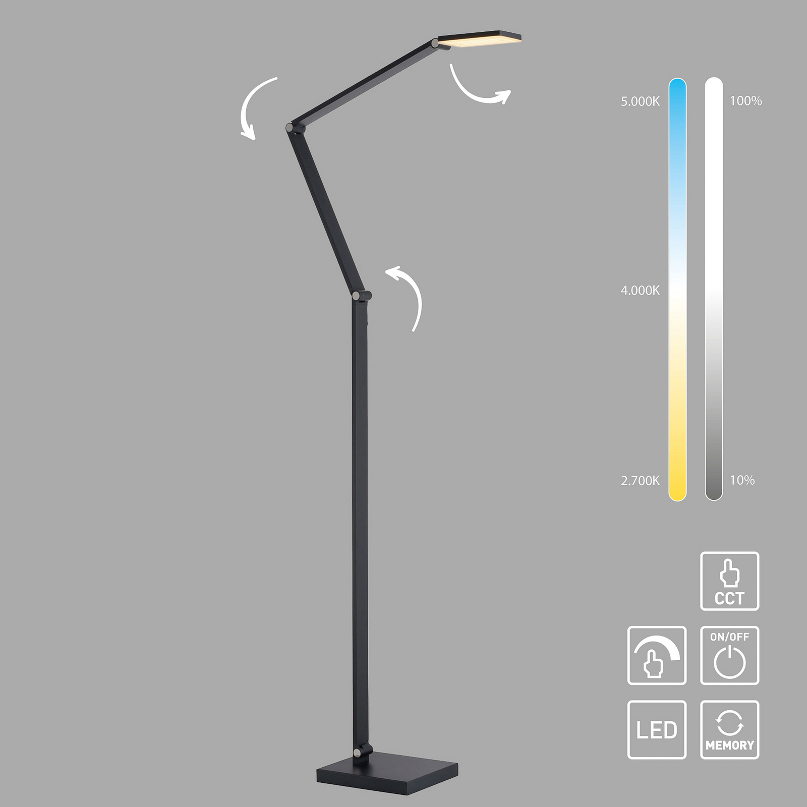 LED toršeras „SAMSKY“, pilkos spalvos, aukštis 161 cm, metalinis, jutiklinis