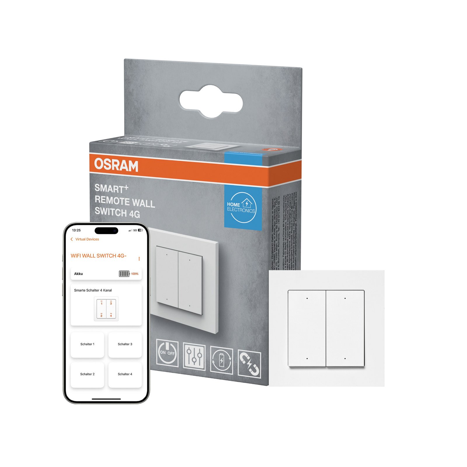 OSRAM SMART+ WiFi firdobbelt vægafbryder, batteri, hvid, mat