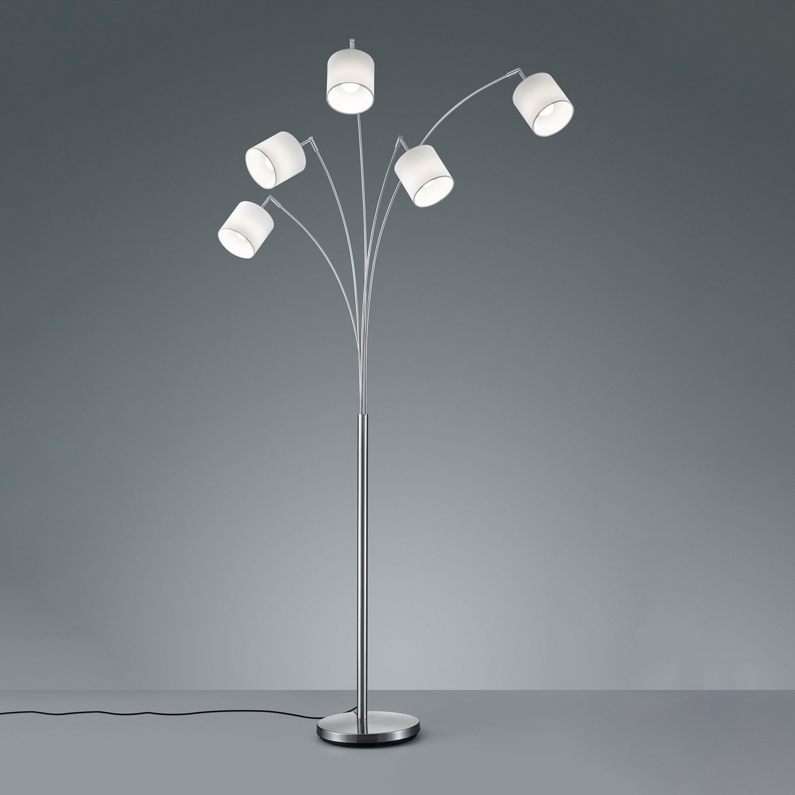 Lampadaire Tommy, nickel/blanc, hauteur 200 cm, 5 lampes, tissu