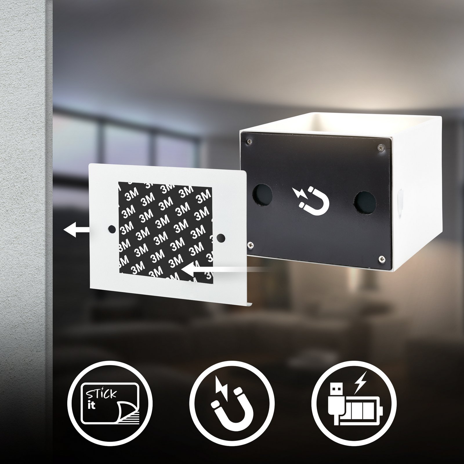 LED-akutoitega seinavalgusti Barro, valge, laius 8 cm, metall, andur
