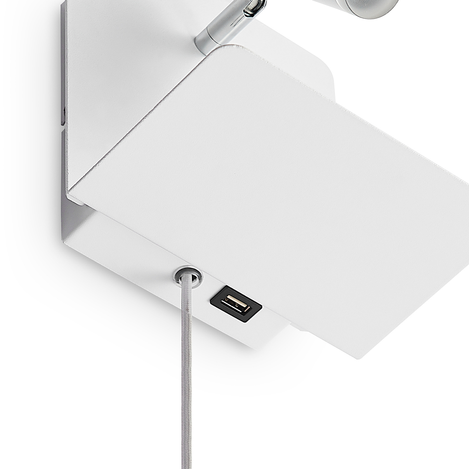 Lucande spot ścienny LED Zavi, biały, wtyczka, półka, USB