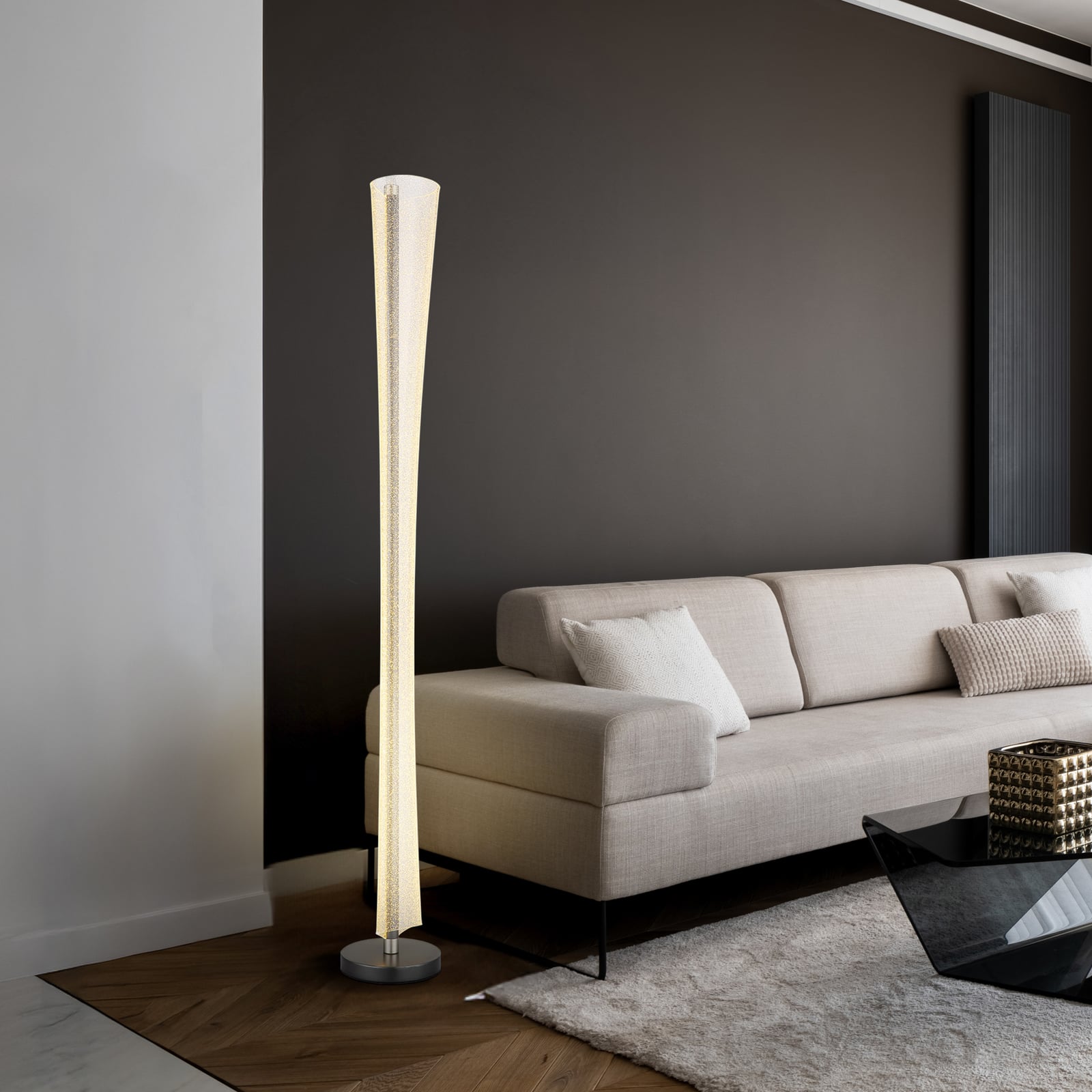 LED-gulvlampe Malinda, klar/antracitt, 155 cm høy, CCT