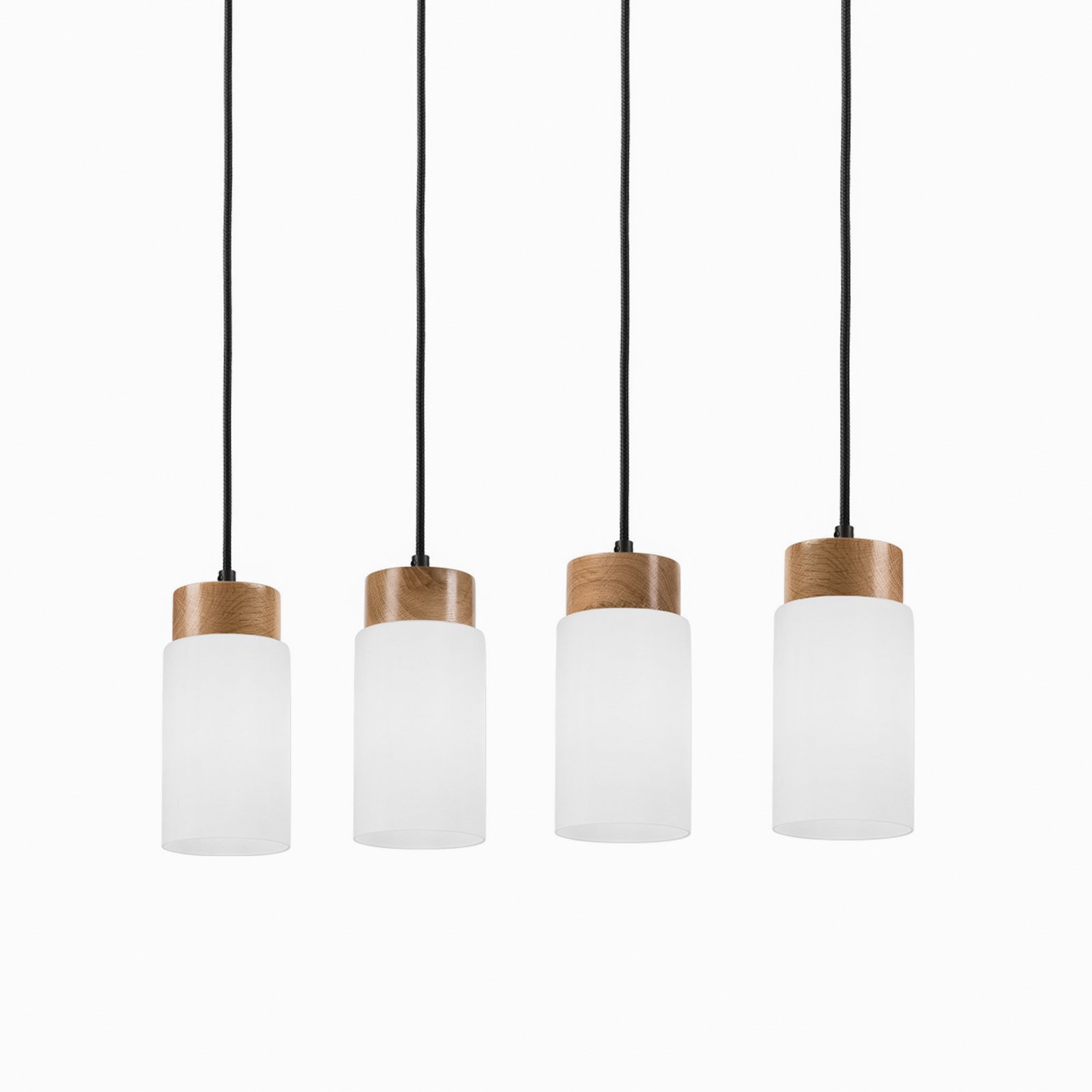 Markus pendant light, opal glass/oak, length 80 cm, 4-bulb.