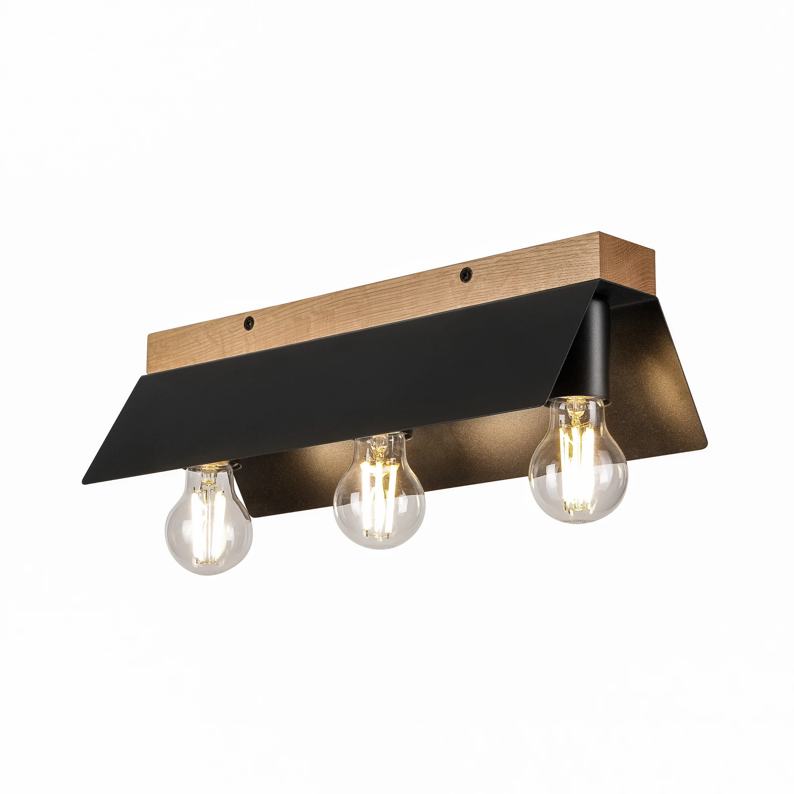 Candeeiro de teto Esme, preto, comprimento 40 cm, metal/madeira, 3 lâmpadas.