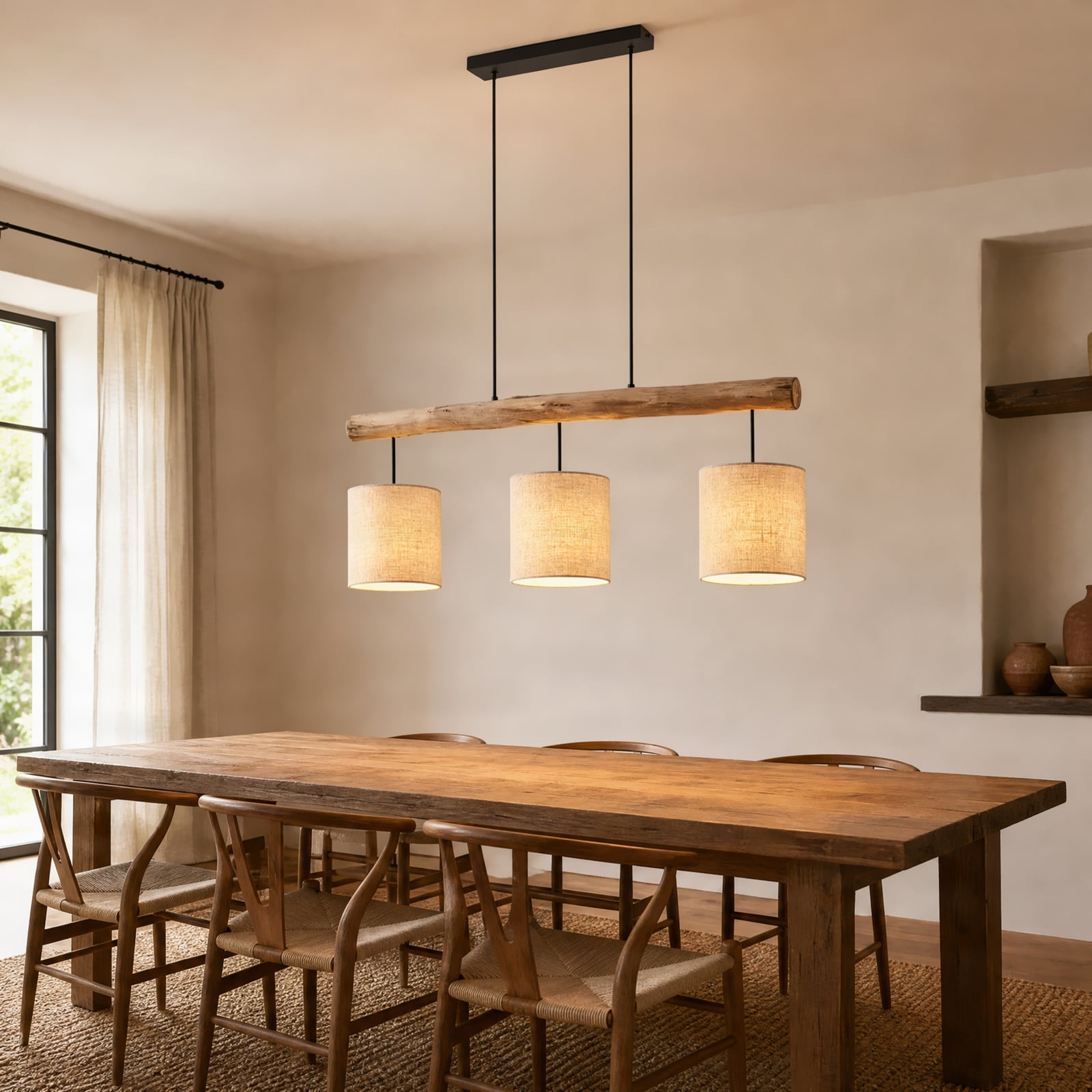 Lucande hanglamp Jorvan, 3-lamps, 100 cm, hout/textiel