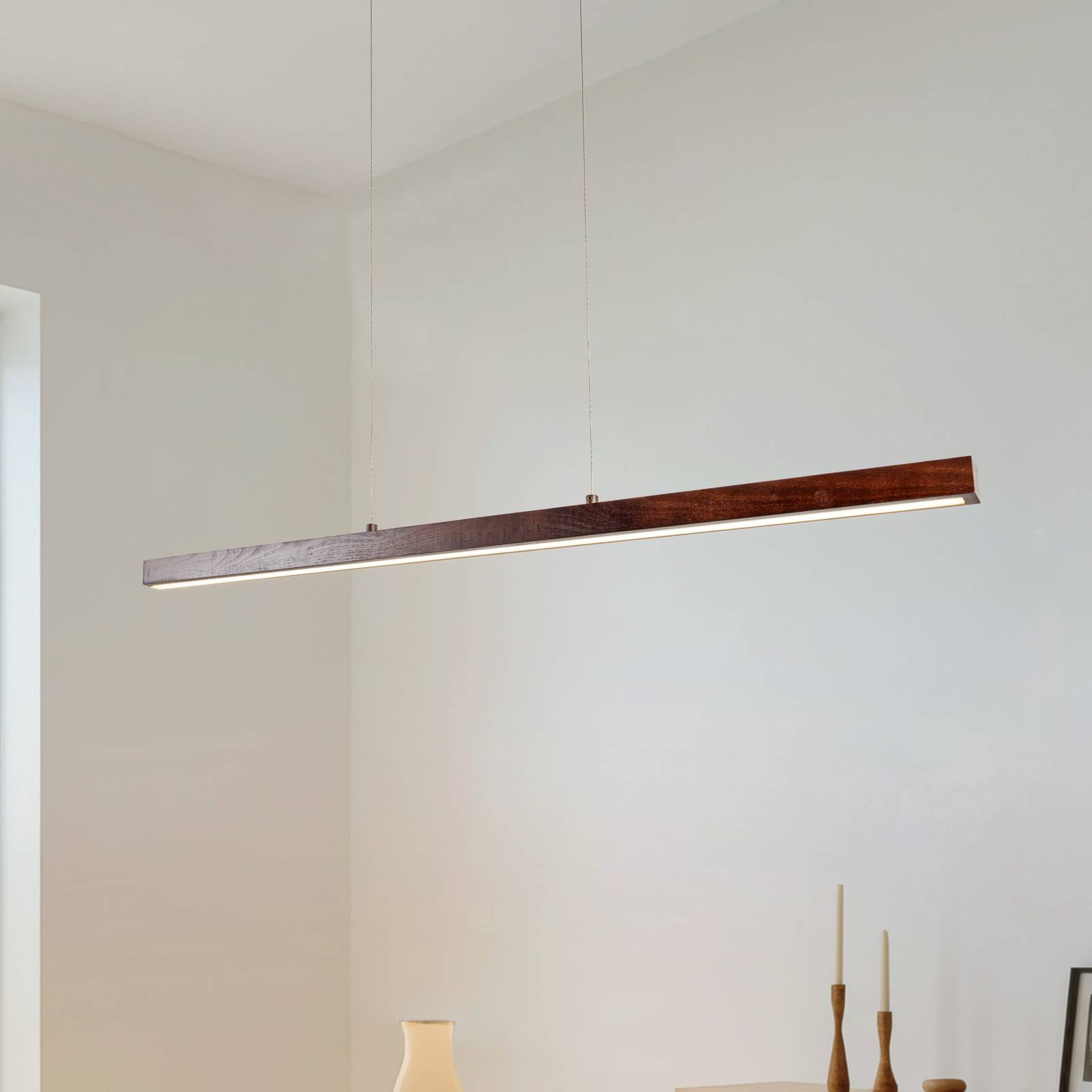 Lucande Żyrandol LED Nihalo, orzech, 122 cm, ściemniany, CCT