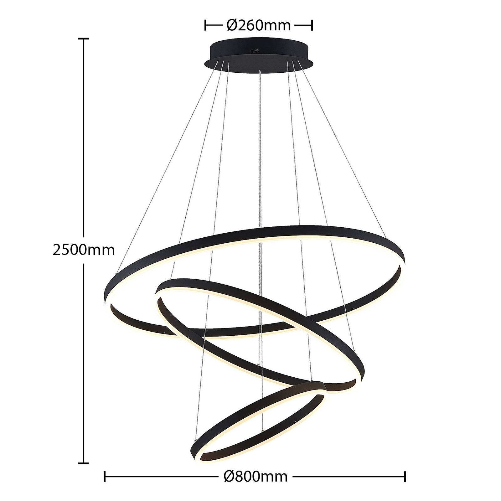 Lampa wisząca Arcchio LED Albiona, czarna, 3 pierścienie, Ø 80 cm