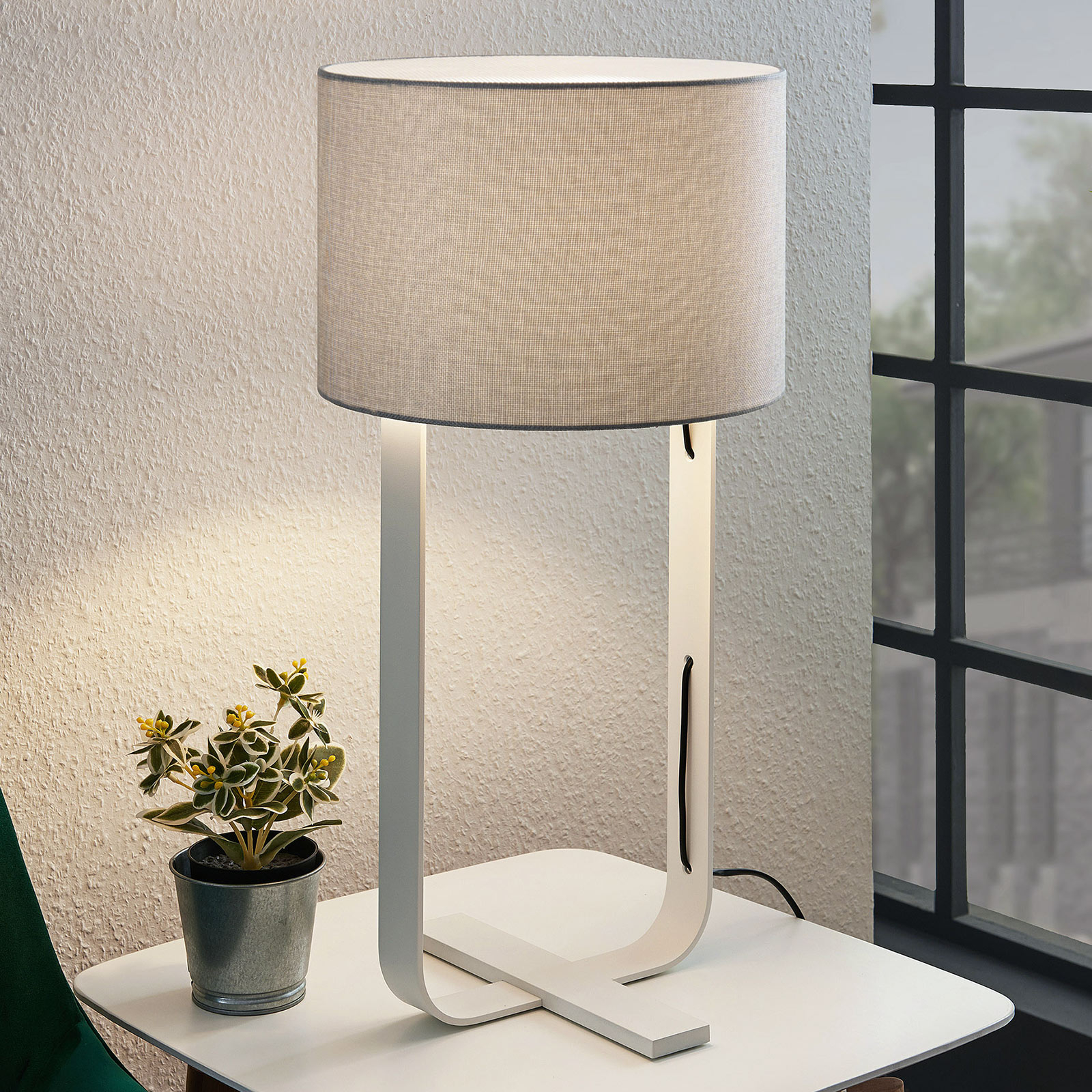 Tarika fabric table lamp in grey and white, Lampenwelt.com, for Bedroom, fabric, metal, E27, 60 W, energy efficiency: A++, H: 63 cm