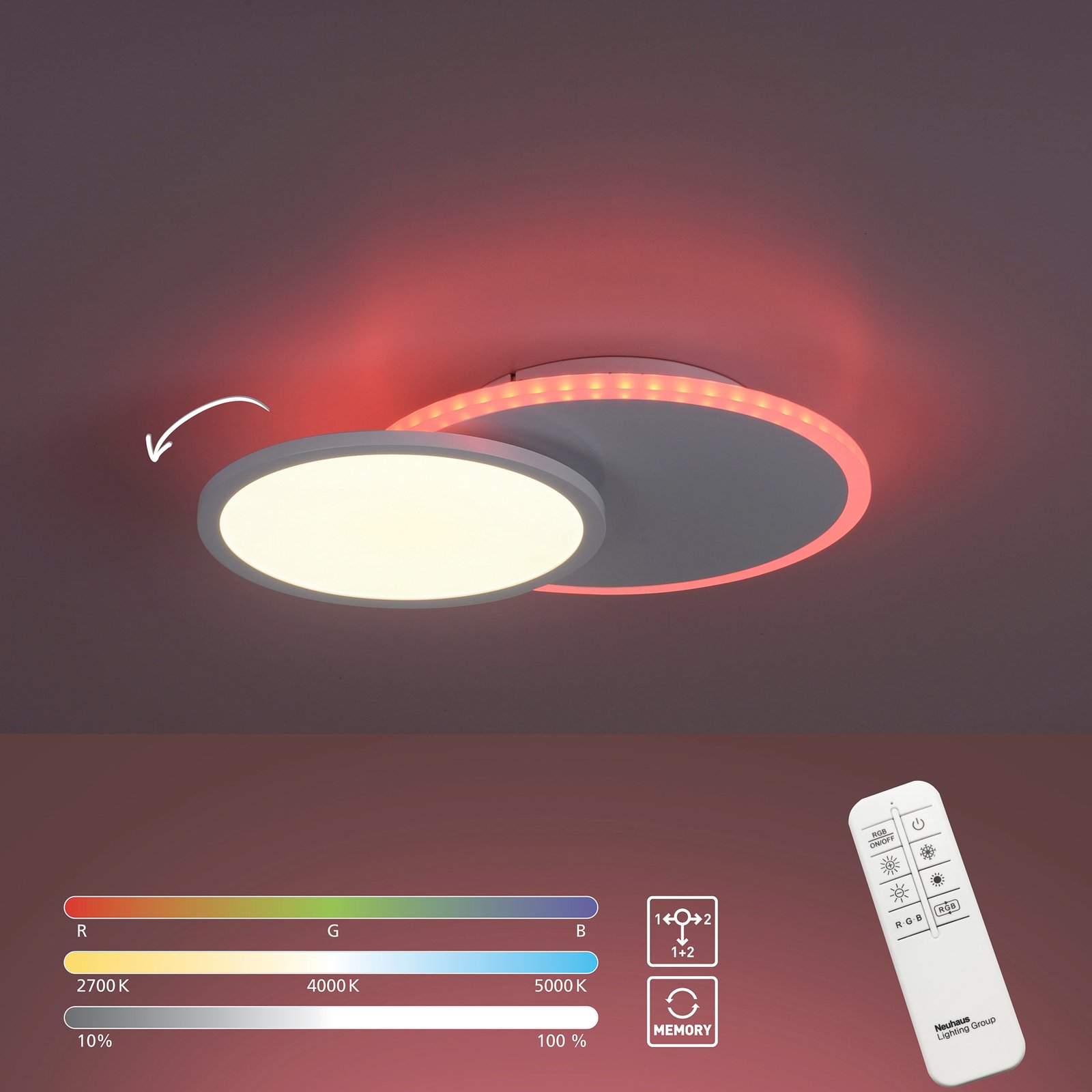 LED-Deckenleuchte Arenda rund, RGB/CCT, schwenkbar