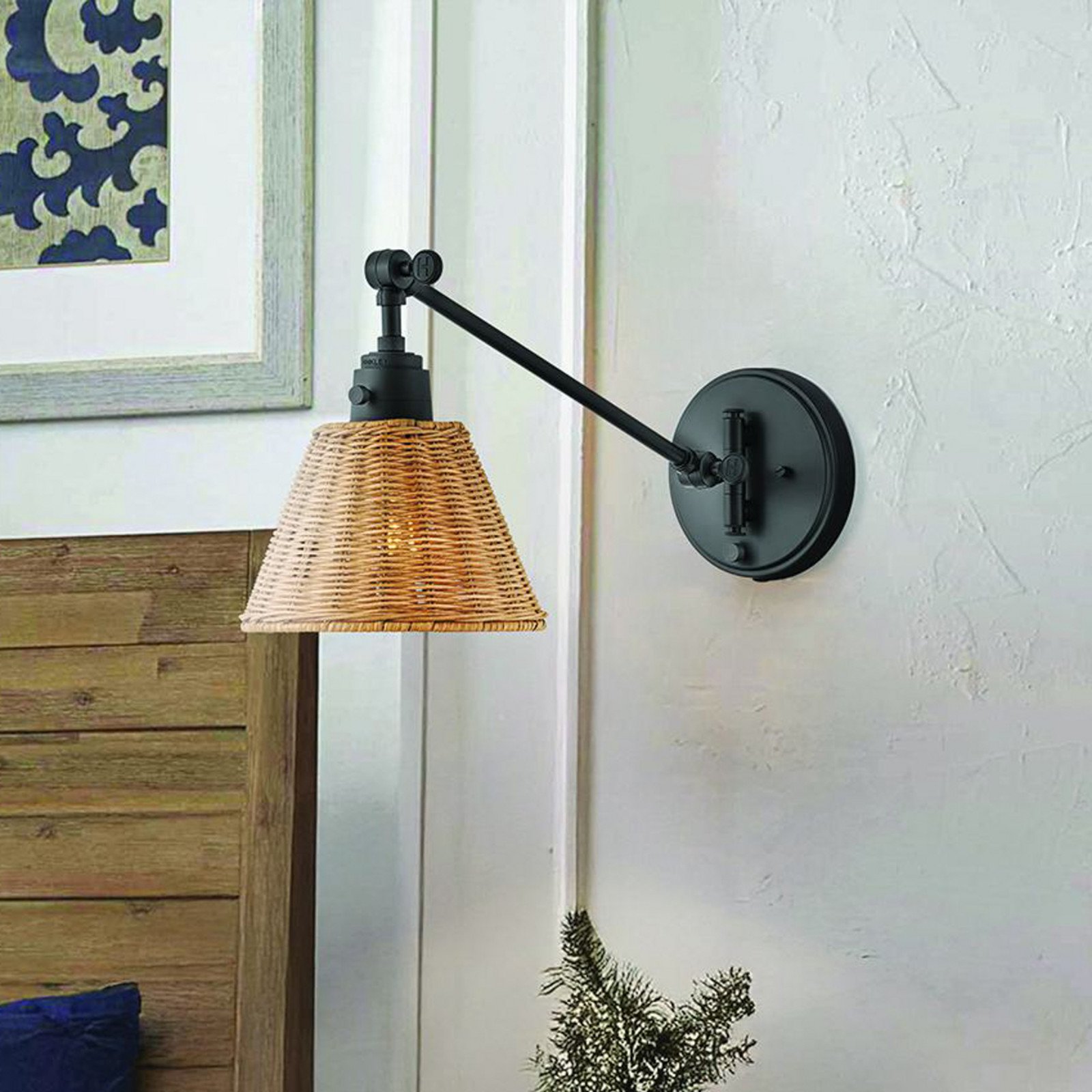 HINKLEY Aplică de perete Arti negru/natur ratan oțel - Camera de zi / sufragerie - negru ratan natural - Lemn