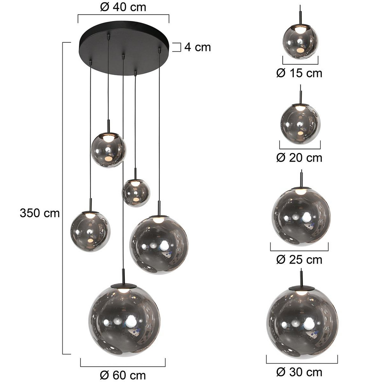 LED pendant light Bollique, 5-bulb. Round, black, glass