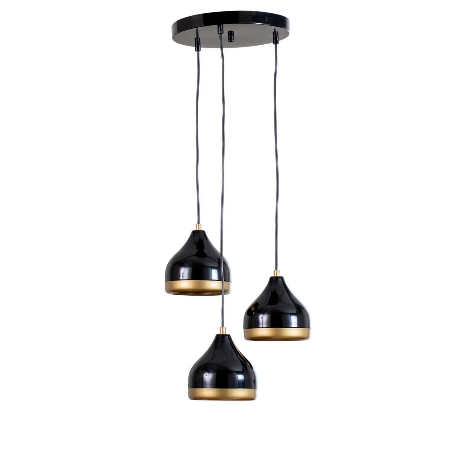 Hengelampe Yildo, 3 lyskilder, svart/gull, rund, Ø37 cm