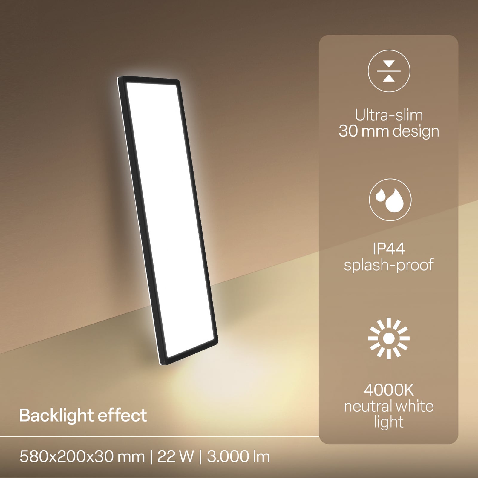 LED paneel Shallow aan/uit, 58 x 20 cm, zwart, 840 achtergrondverlichting