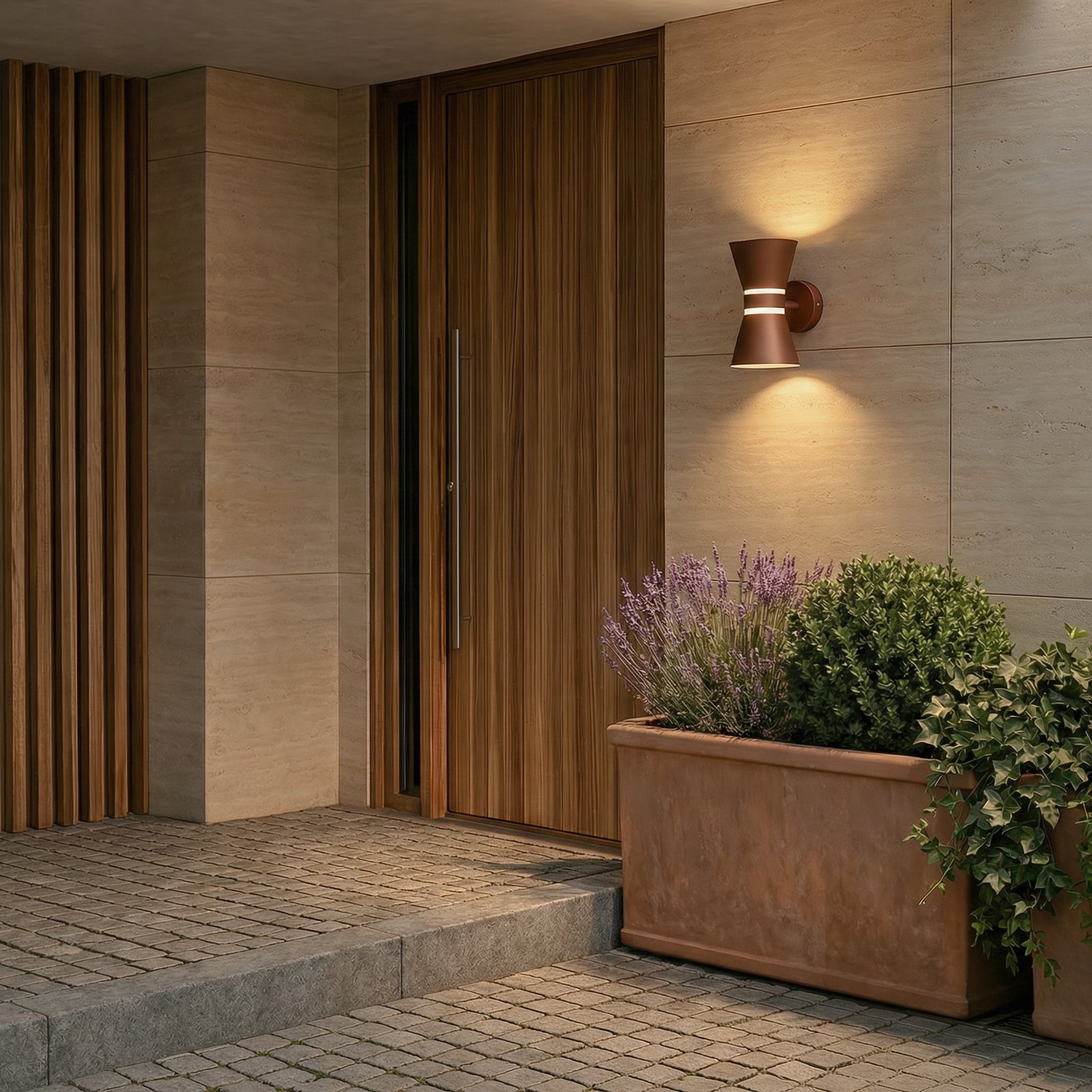 Meravi LED-Außenwandleuchte, zweiflammig, IP44, braun, Aluminium - Lucande