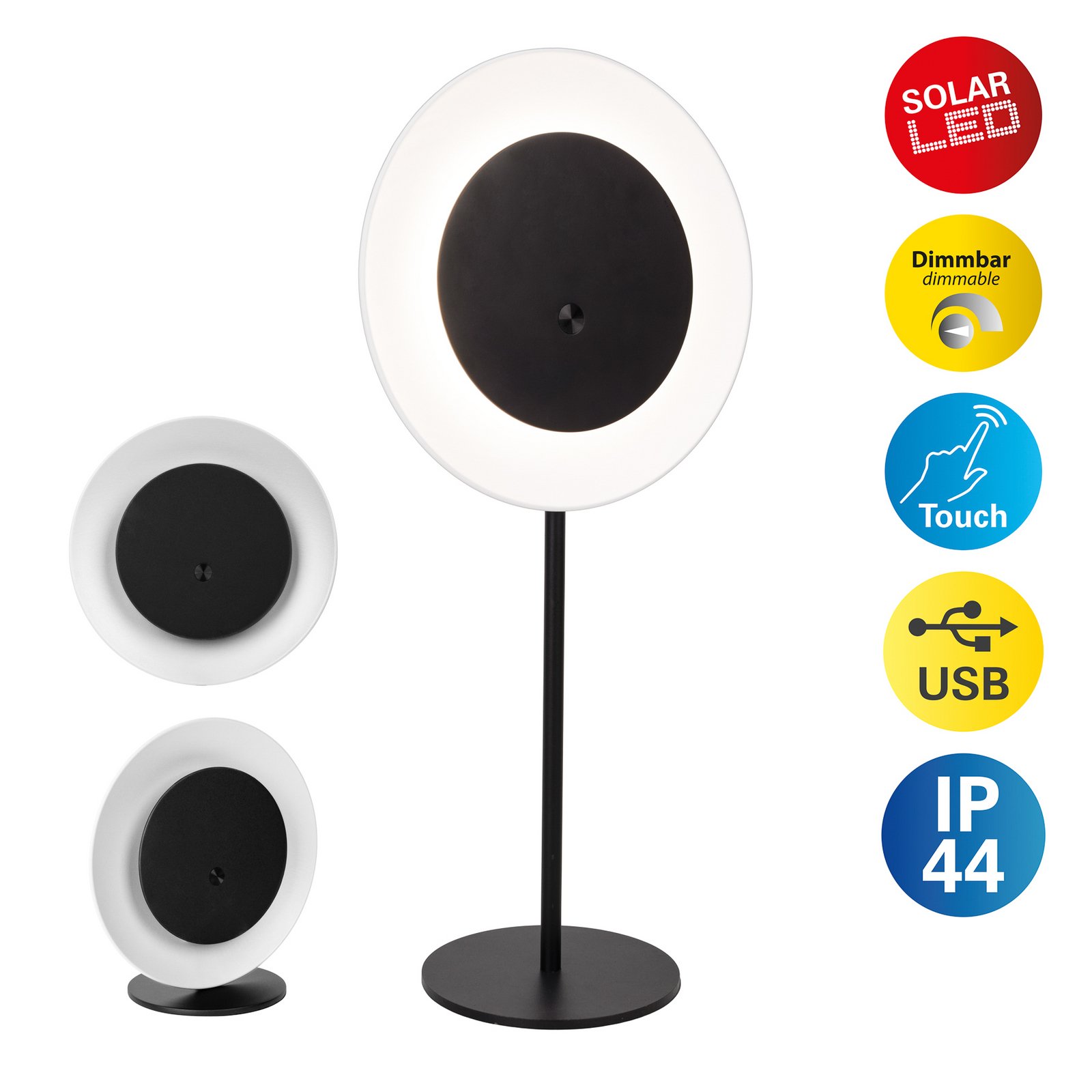 LED φορητή επιτραπέζια λάμπα Solan, μαύρο/λευκό, ηλιακή, IP54 LED φορητή επιτραπέζια λάμπα Solan, μαύρο/λευκό, ηλιακή, IP54