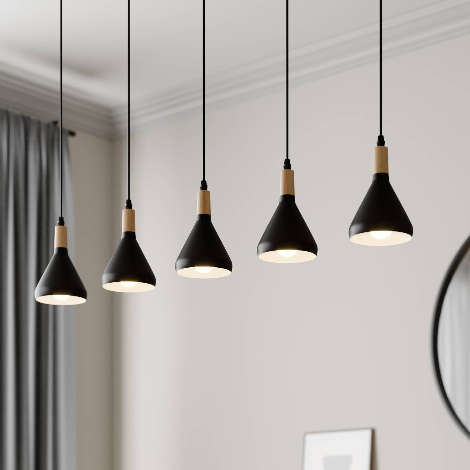 LED hanging light Arina with five black lampshades | Lights.co.uk