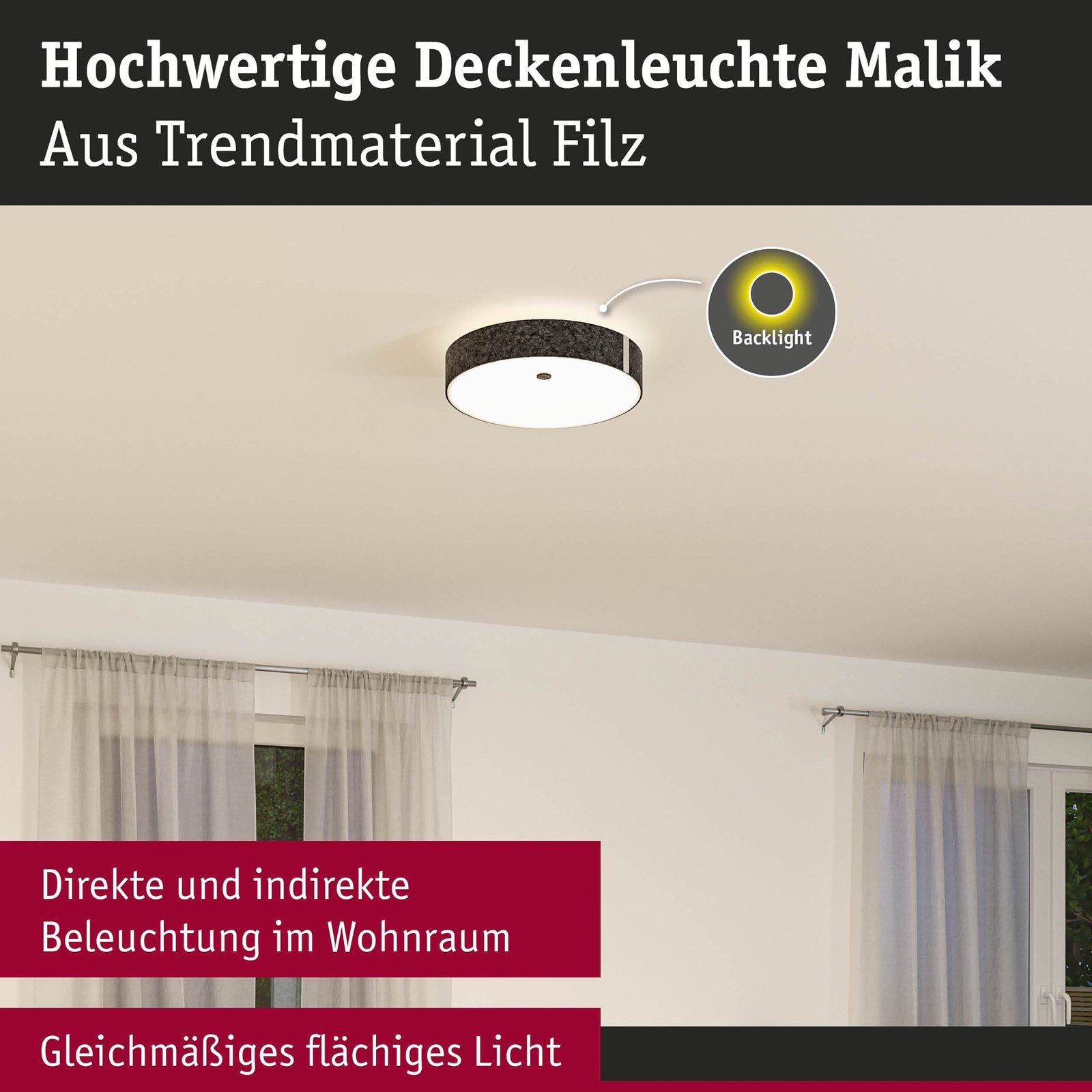 Paulmann LED ceiling lamp Malika, anthracite, felt, 3-step dimmable