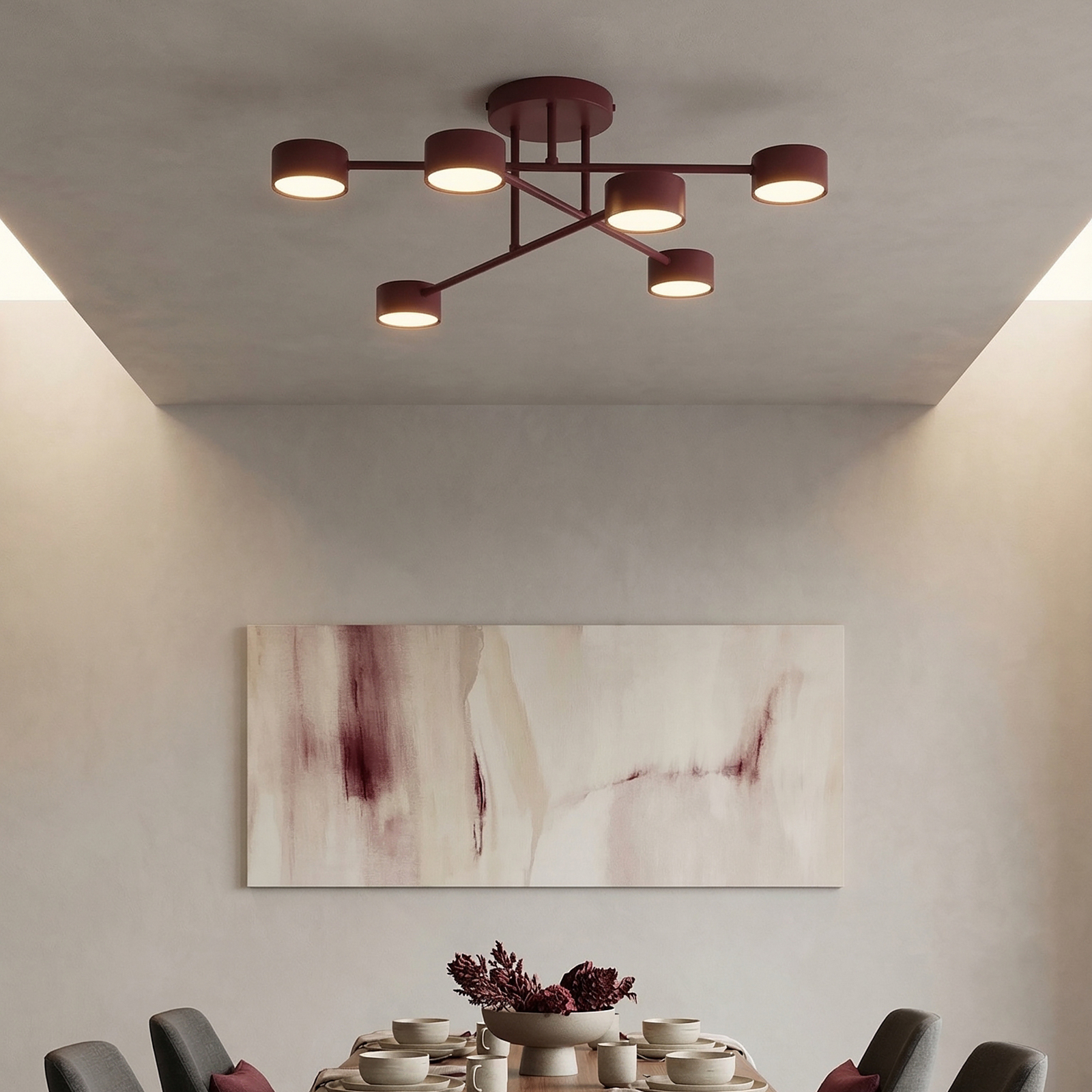 HALO ceiling light, dark red, Ø 60 cm, 6-bulb, metal, GX53 HALO ceiling light, dark red, Ø 60 cm, 6-bulb, metal, GX53