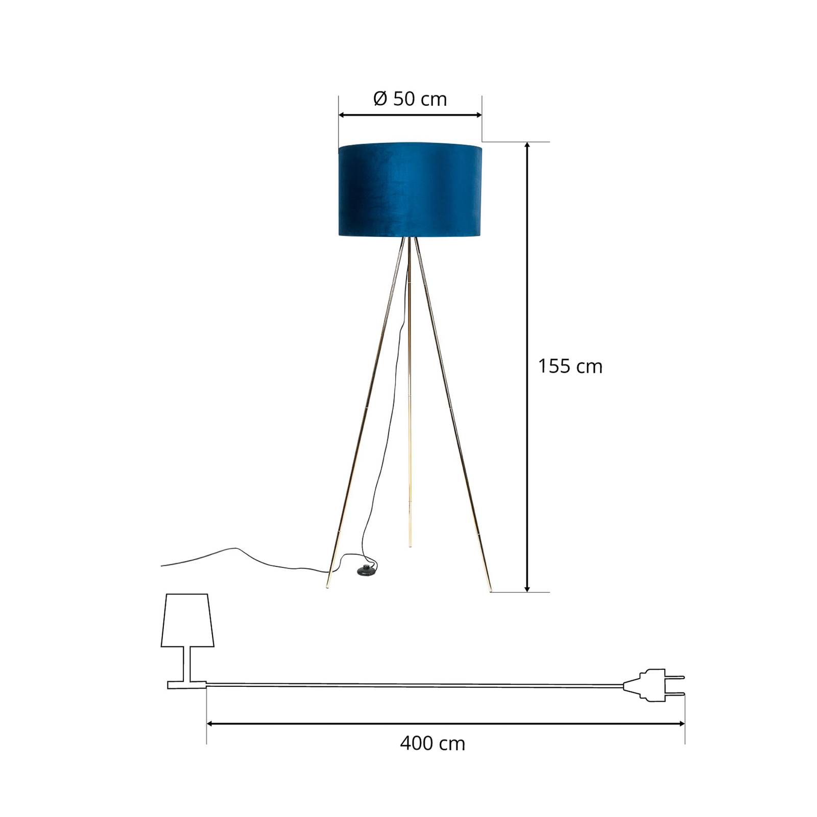 Lampa stojąca Monaco, trójnóg, niebieski aksamit