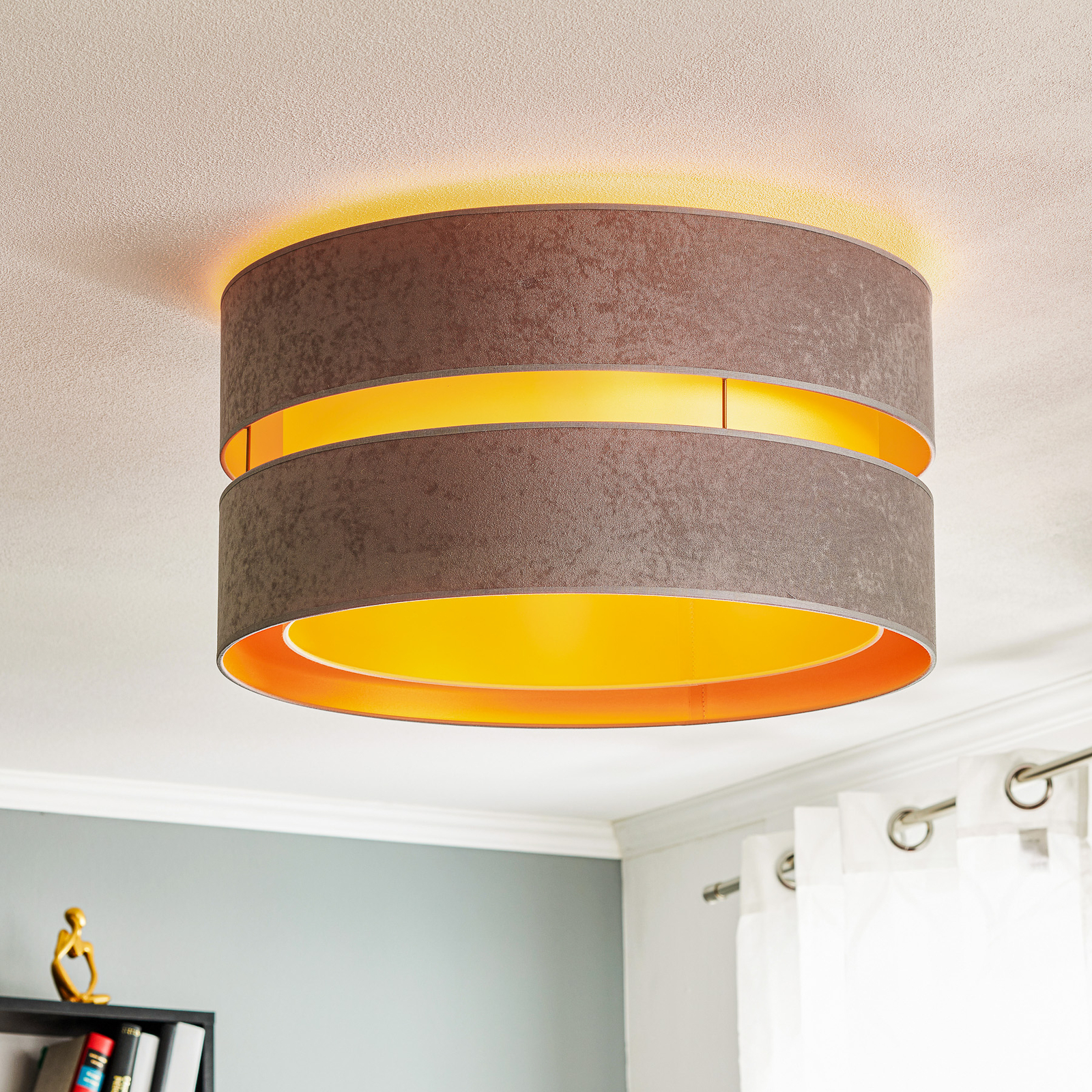 Plafondlamp Duo van textiel, grijs/goud, Ø60cm