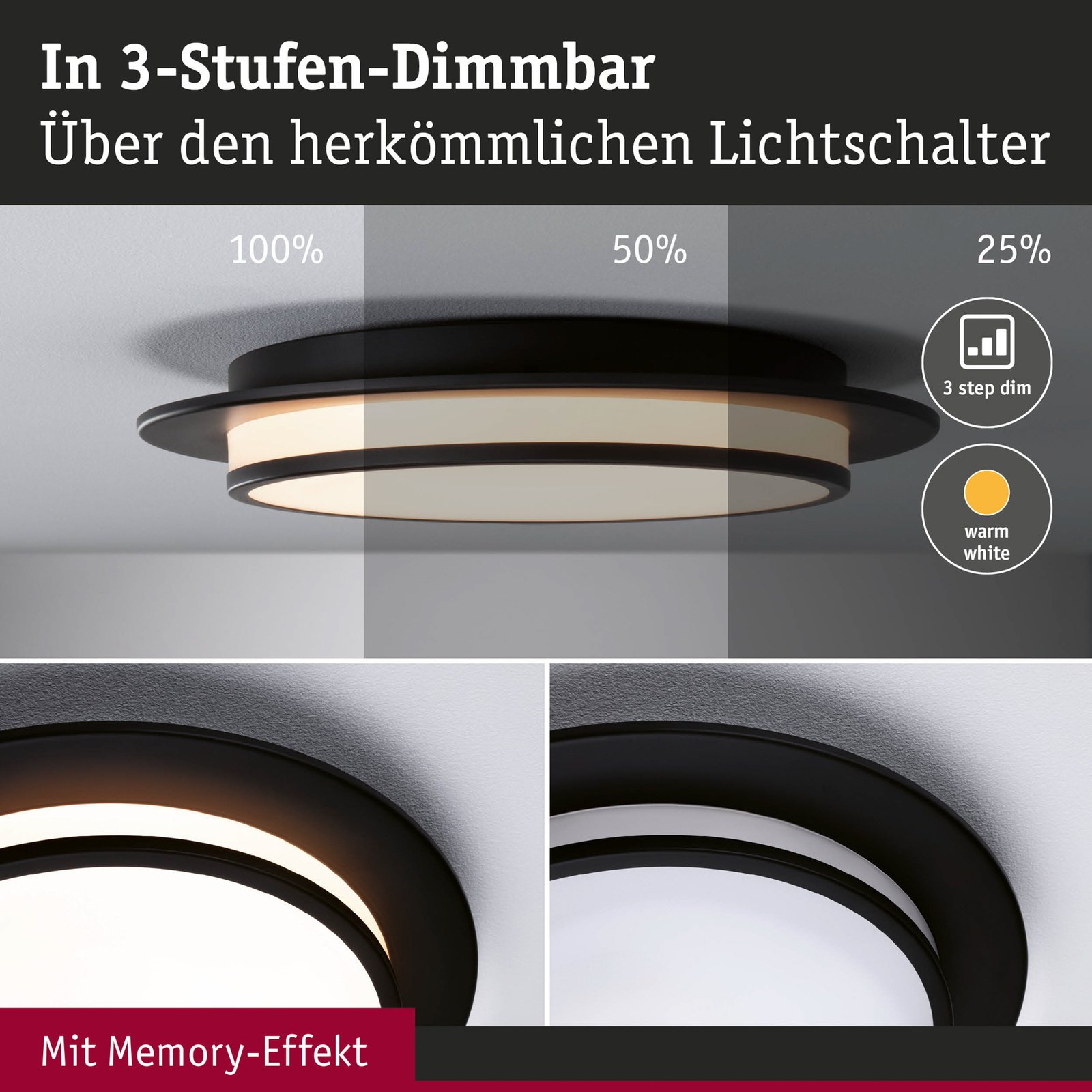 Paulmann Egron plafonnier LED 3-step-dim, noir