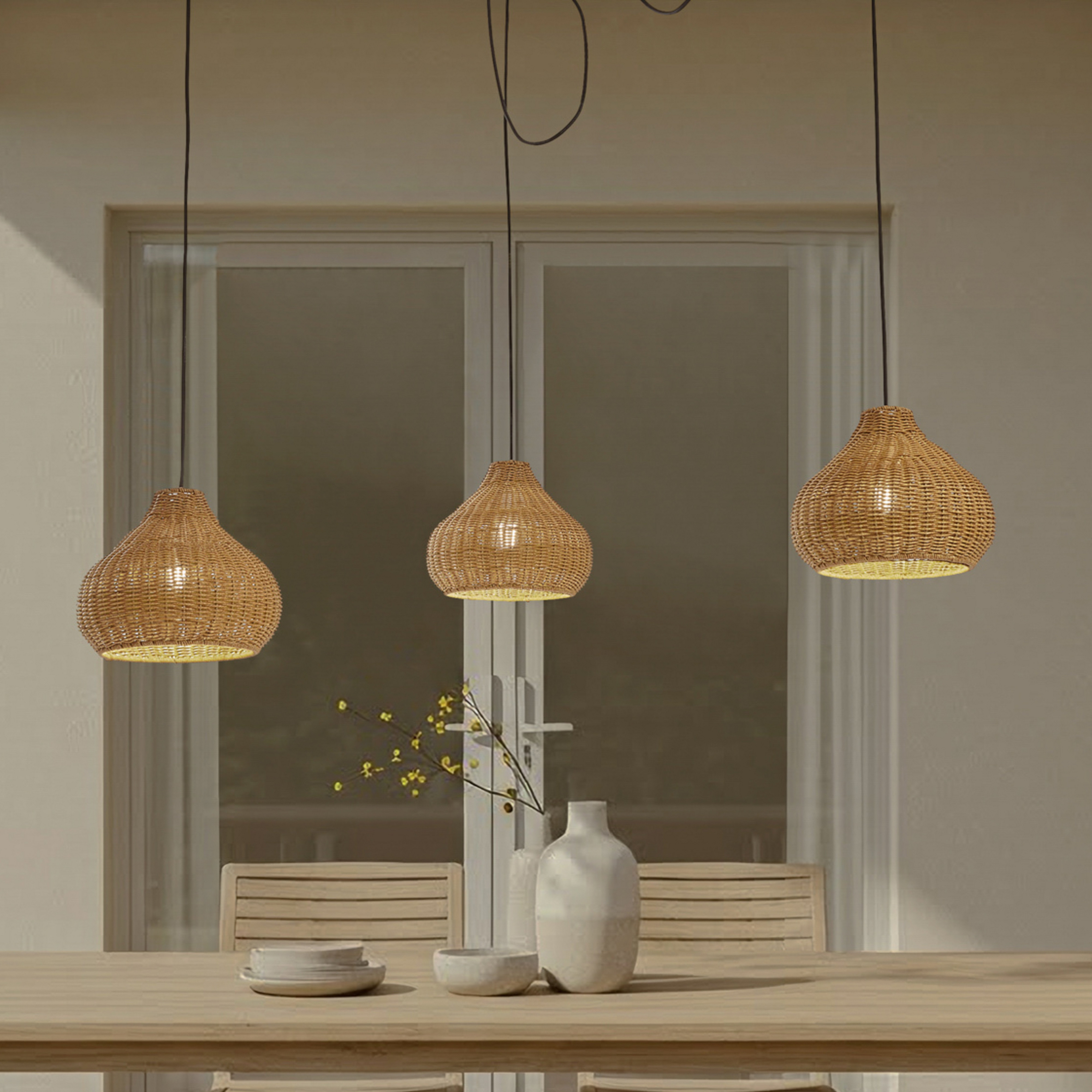 Lucande, suspension d'extérieur Taniola, à 3 lampes, beige, rotin, IP44