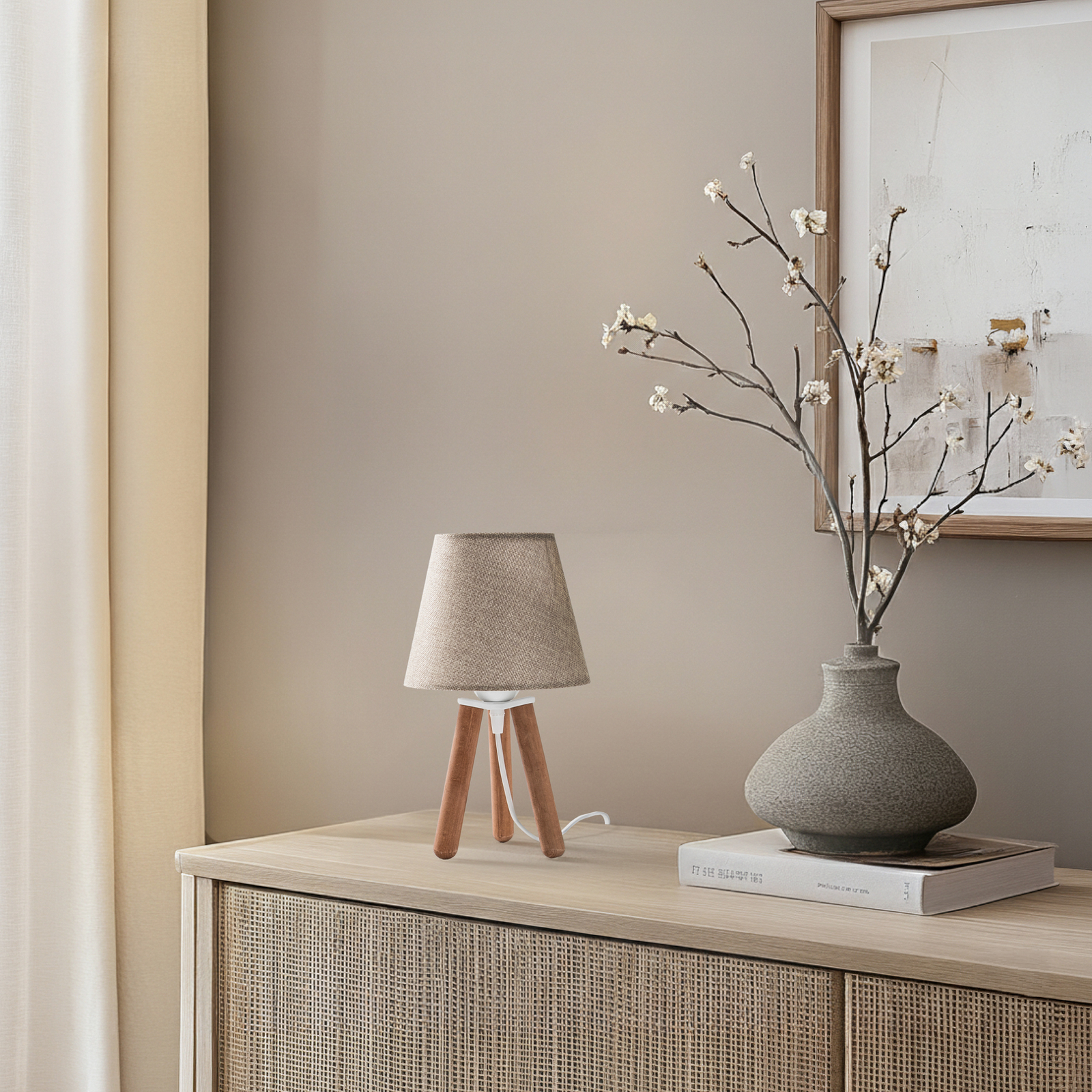 Stolní lampa Dona, béžová/barva dřeva, látka, dřevo, trojnožka