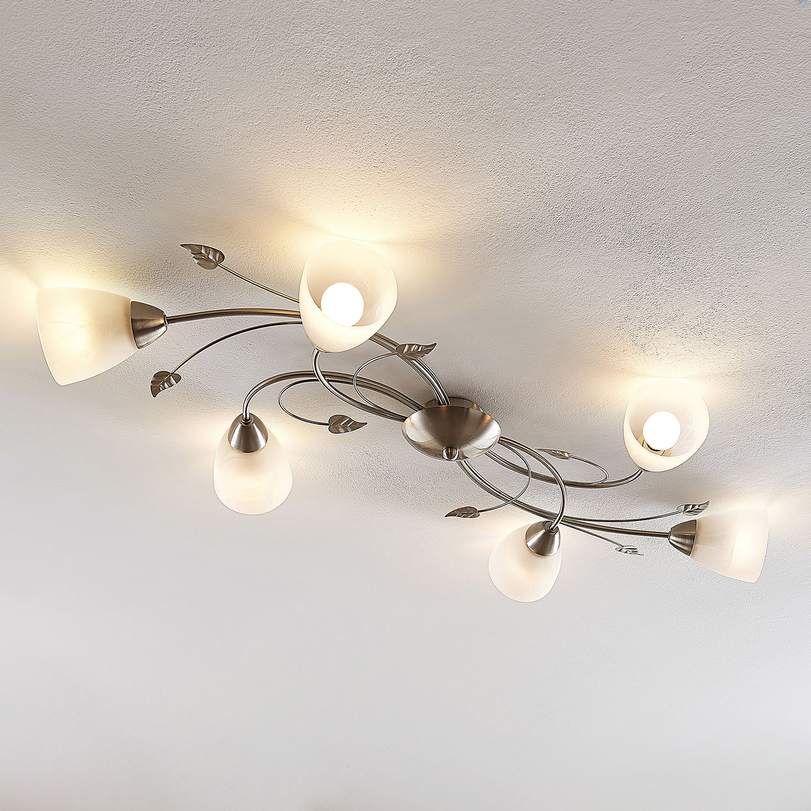 Lindby Yannie LED ceiling light, 6-bulb, for Living / Dining Room, metal, glass, E14, 4 W, energy efficiency: A++, L: 106 cm, W: 58.5 cm, H: 13 cm