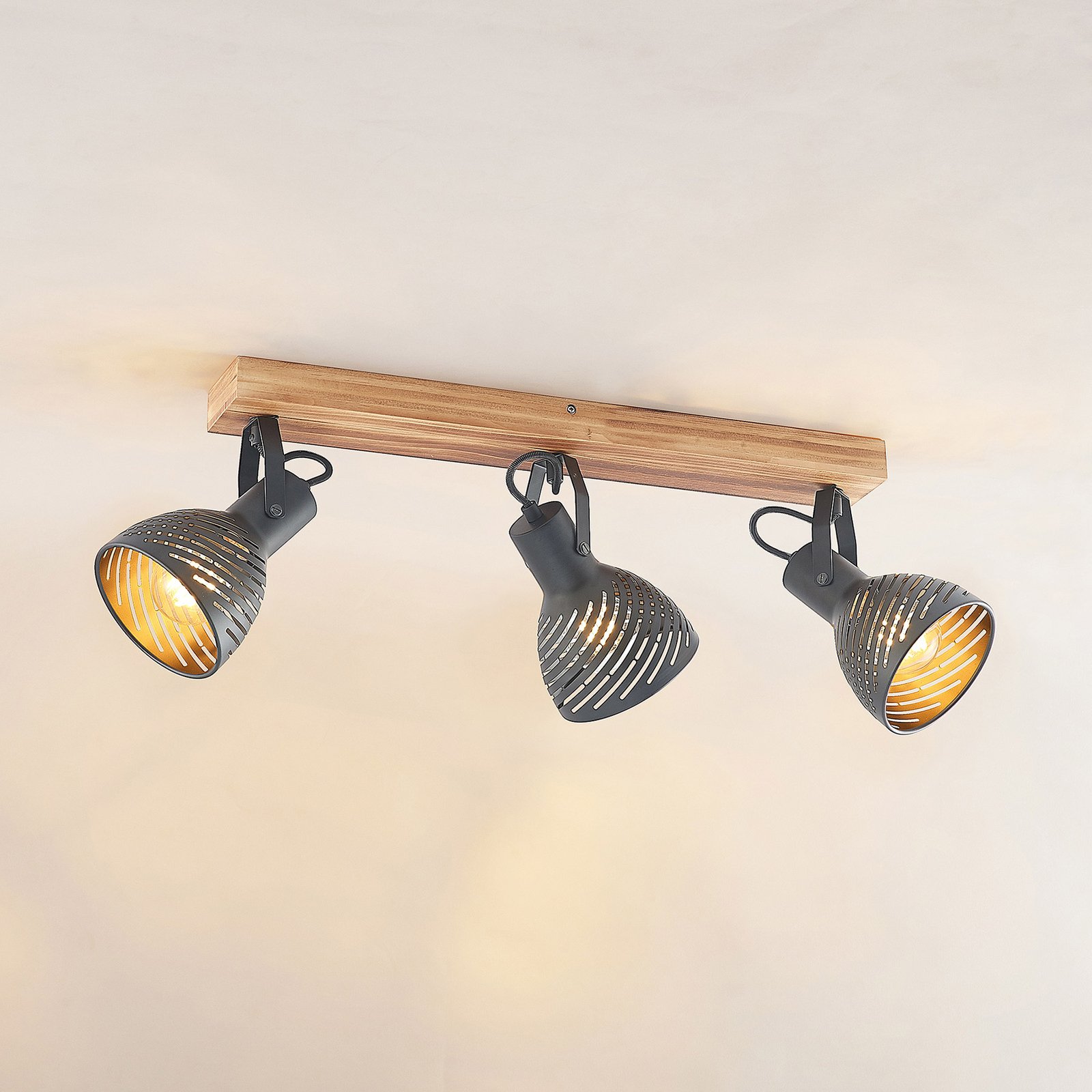 Lindby Raniso plafondspot, rubberhout, 3-lamps
