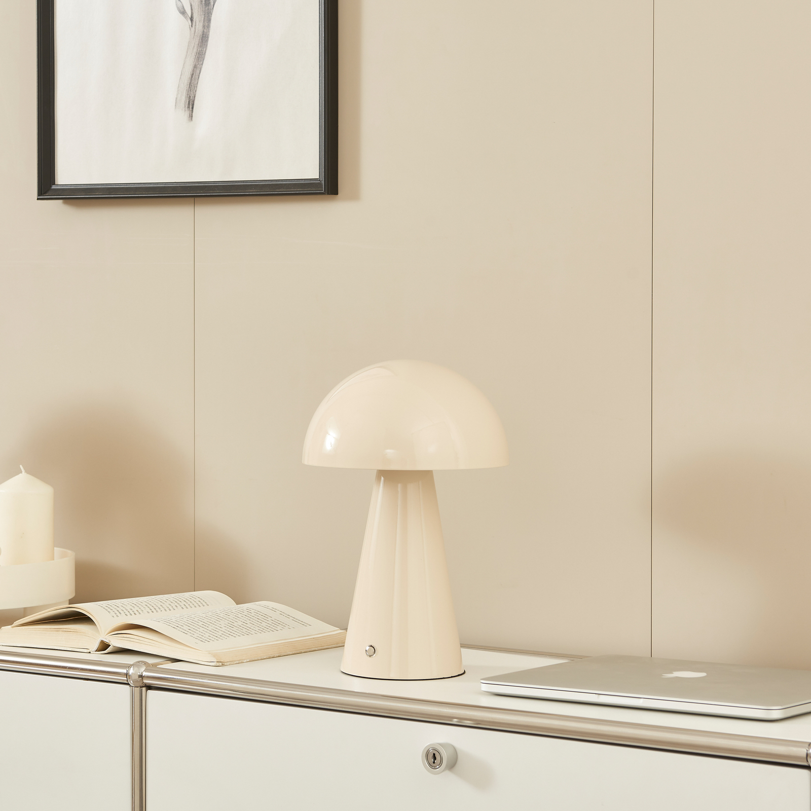 Lindby Lampe de table LED rechargeable Nevijo, beige, Ø20cm, USB,