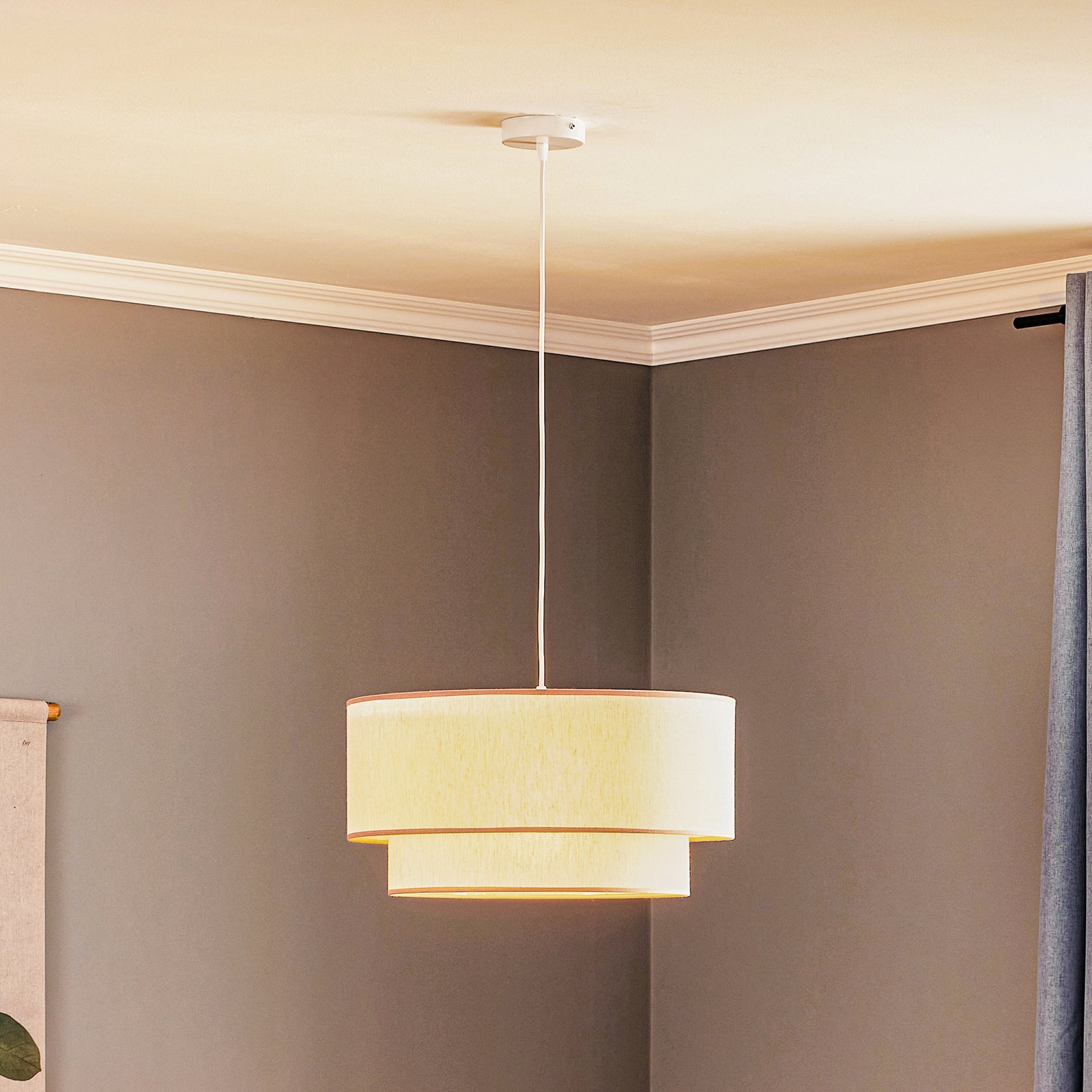 Boho hanging light, double lampshade, beige