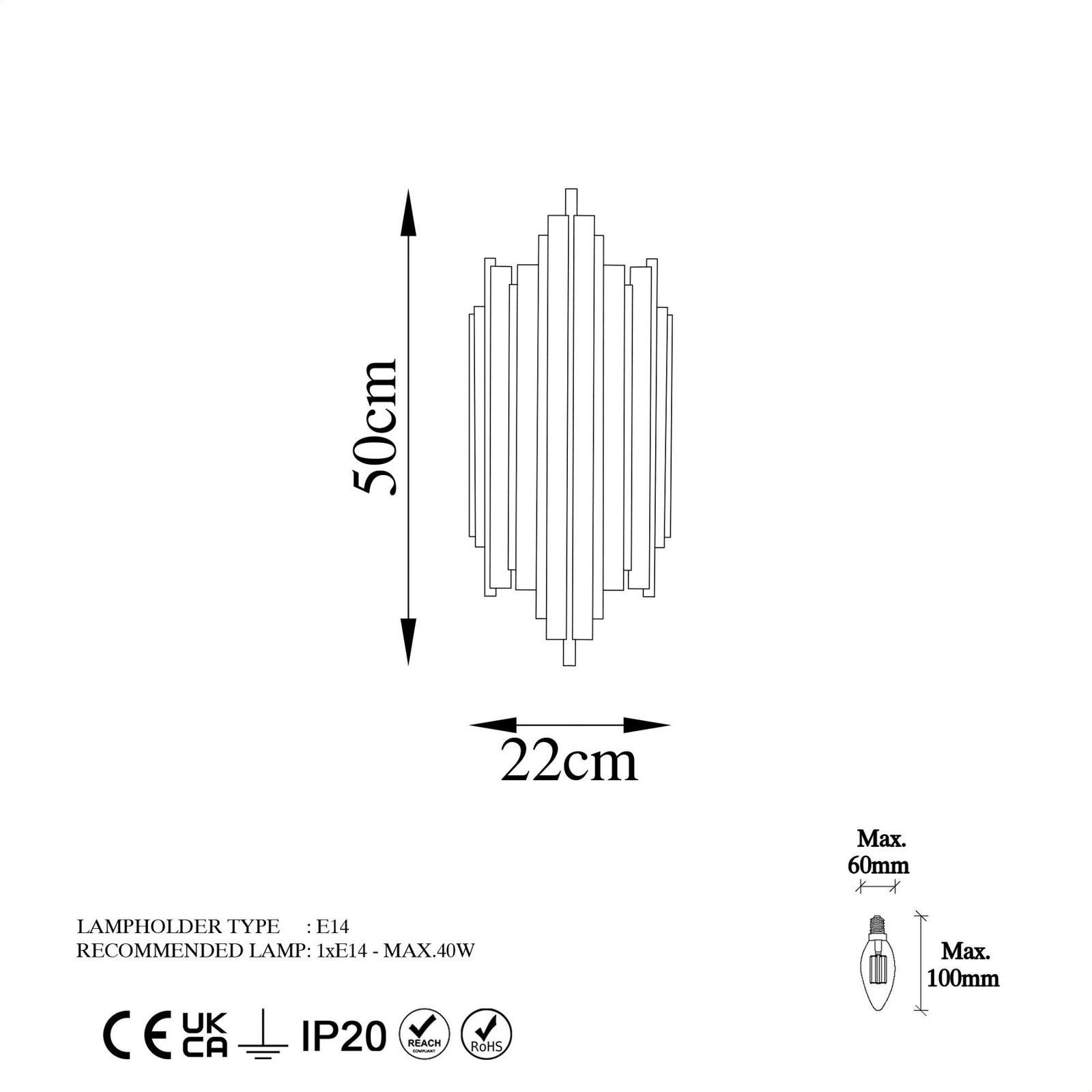 Zidna lampa Reis 13341, zlatne boje, metalna, visina 50 cm