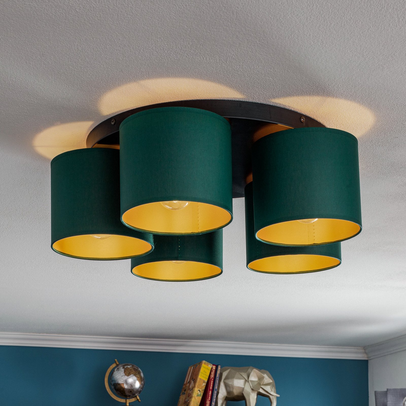 Plafonnier Soho, cylindrique 5 lampes vert/doré