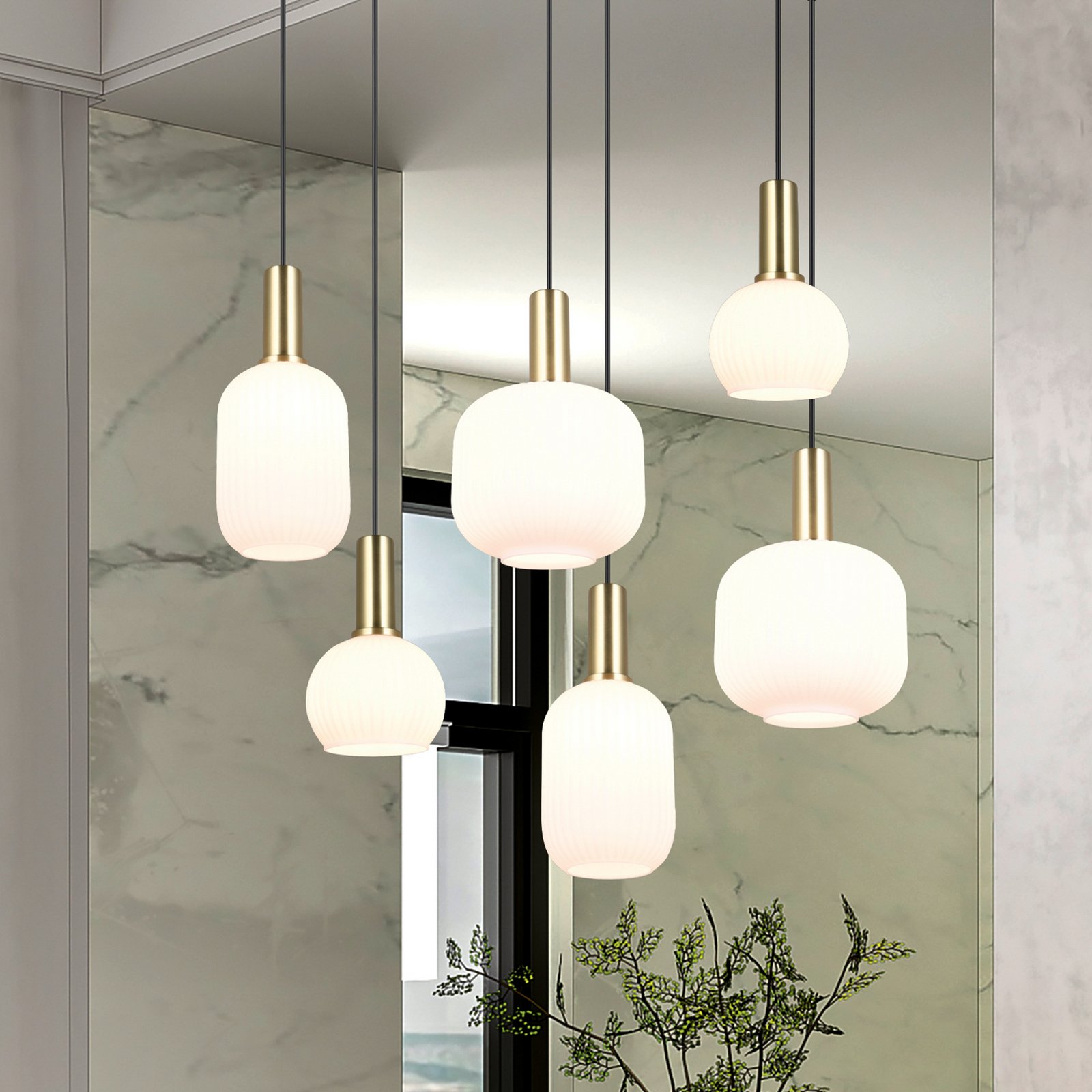 Diva pendant light, 6-bulb, brass-coloured, opal, metal, glass