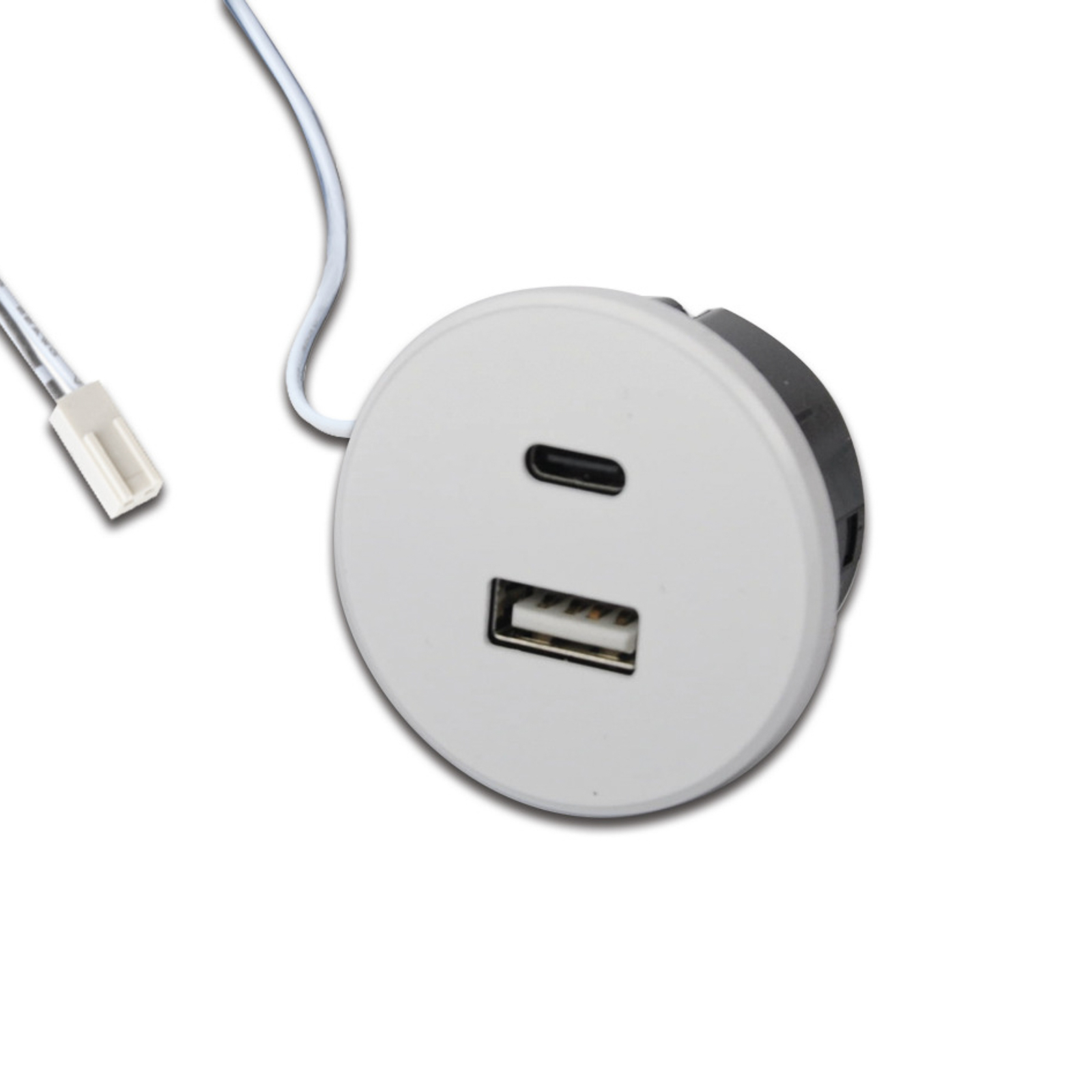 USB-A kontaktligzda + USB-C, balta, mēbeļu montāžai, 24 V ieeja, 20 W