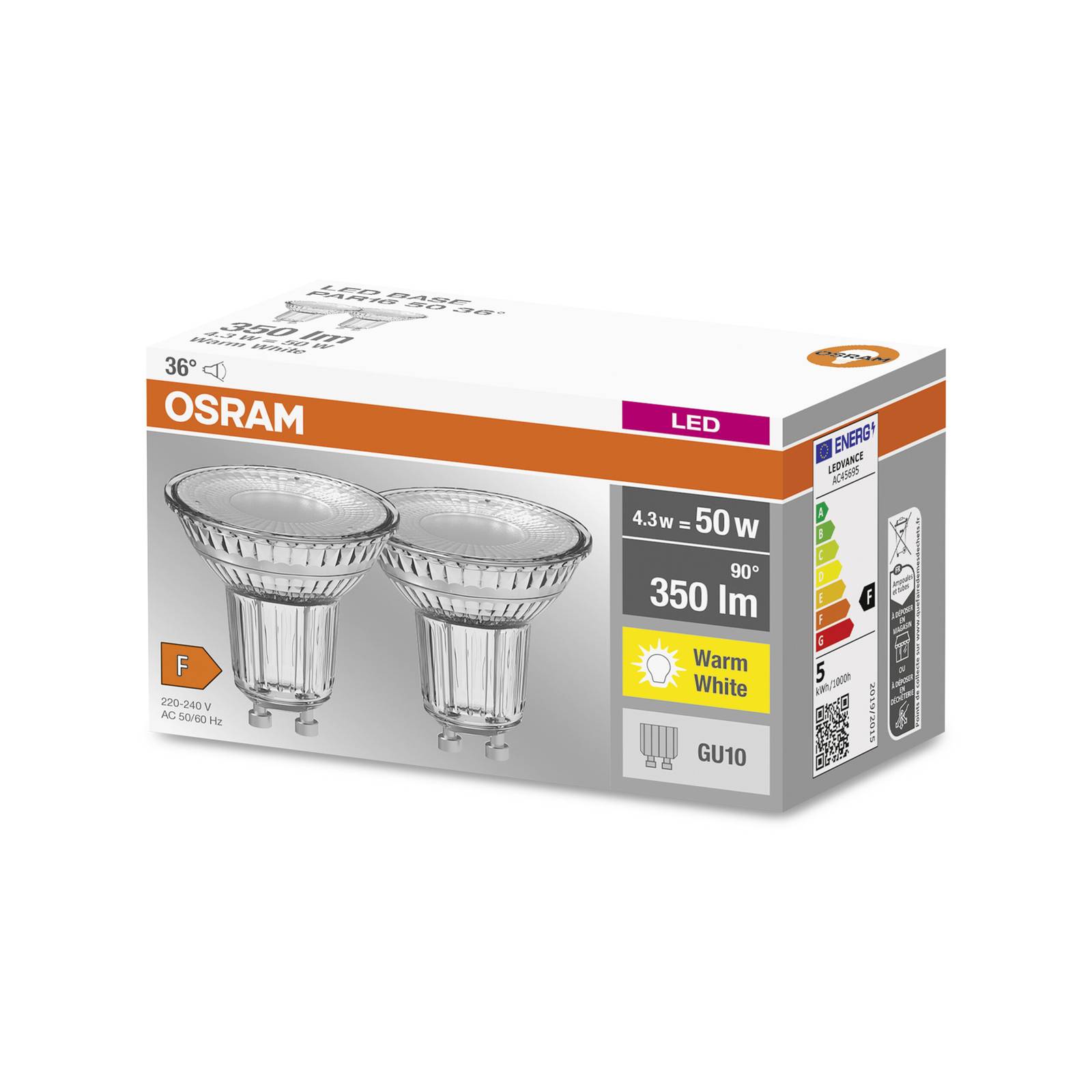 OSRAM LED-reflektor GU10 PAR16 4,3 W 2 700K 36° 2-pack