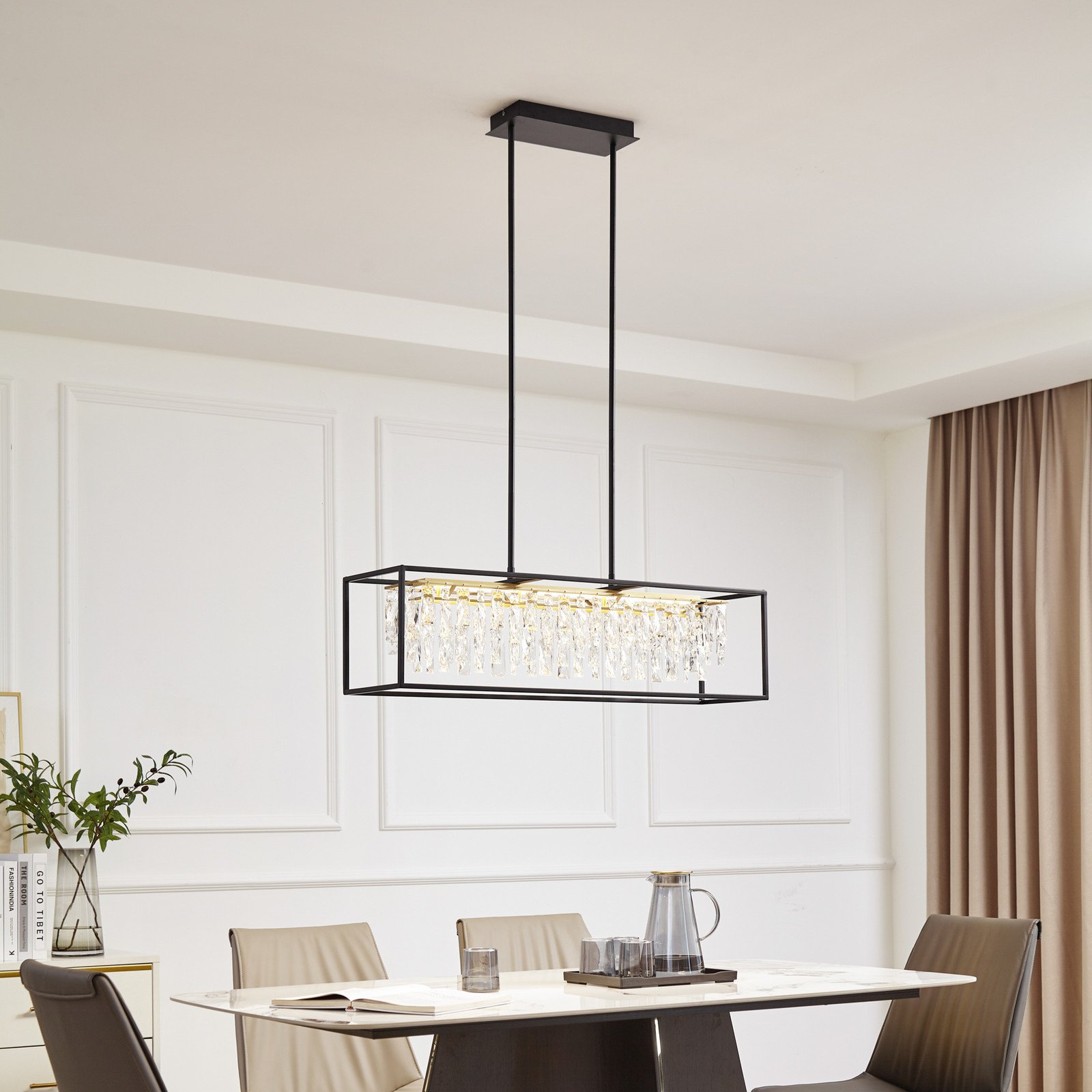 Lucande Lampă suspendată cu LED Kassi negru fier dimabil 90 cm - Camera de zi / sufragerie - auriu cristal negru - Metal