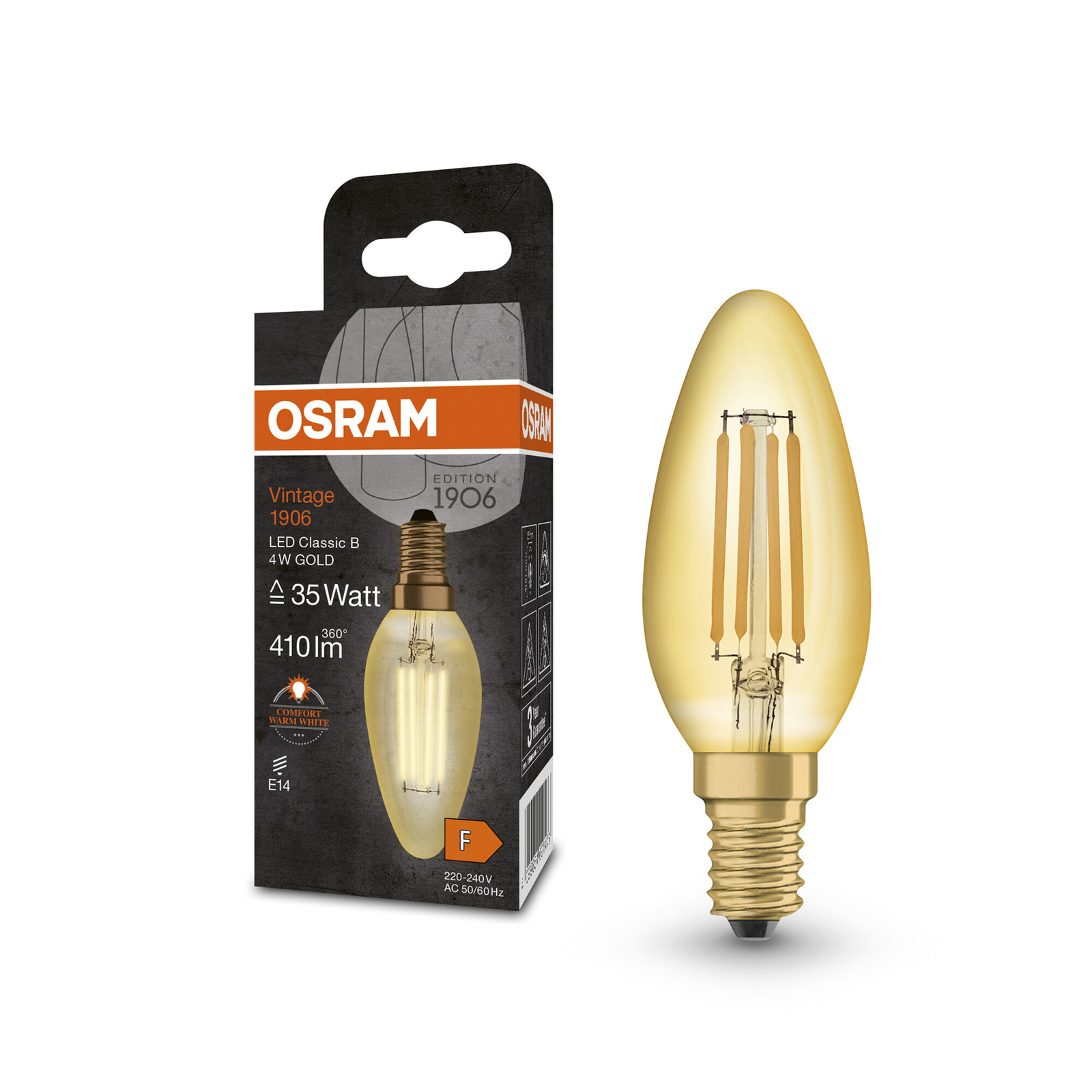 OSRAM LED-kynttilävalaisin Vintage 1906, E14 hehkulanka 4W 824 kultainen