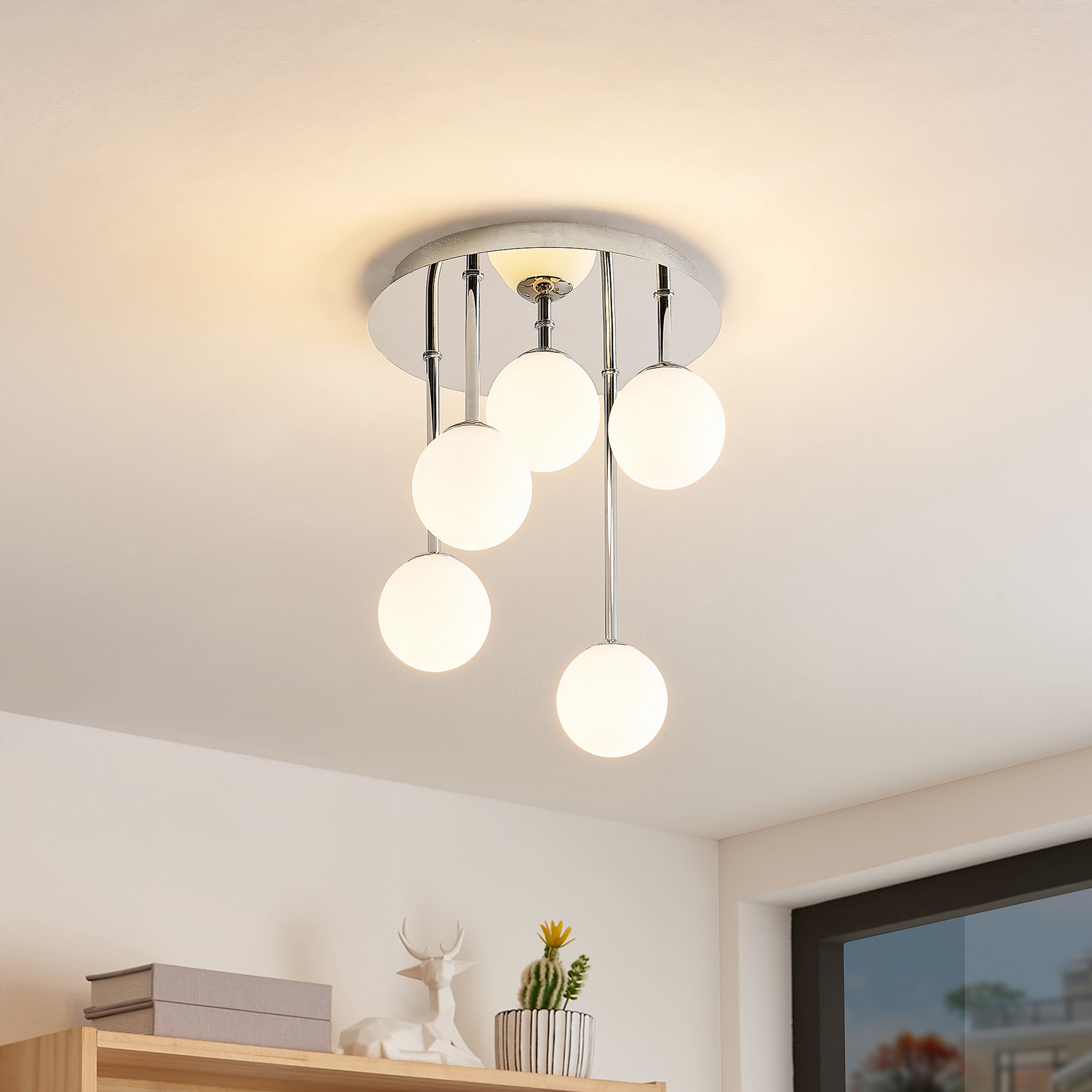 Lampa sufitowa Lindby Chrissy, Ø 27 cm, chrom, 5-punktowa, szkło