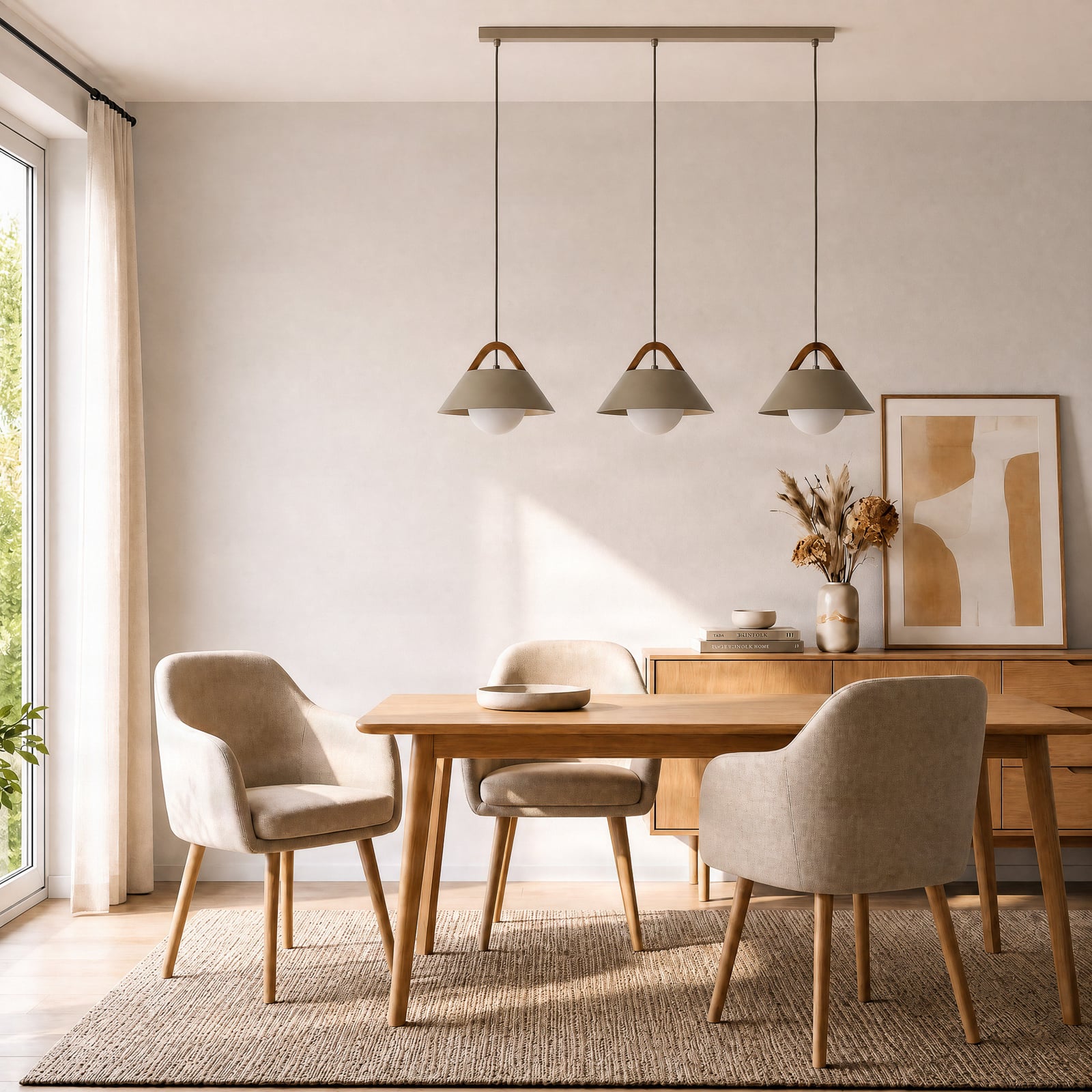 Hanglamp Funda, beige, lengte 110 cm, 3-lamps, metaal/glas