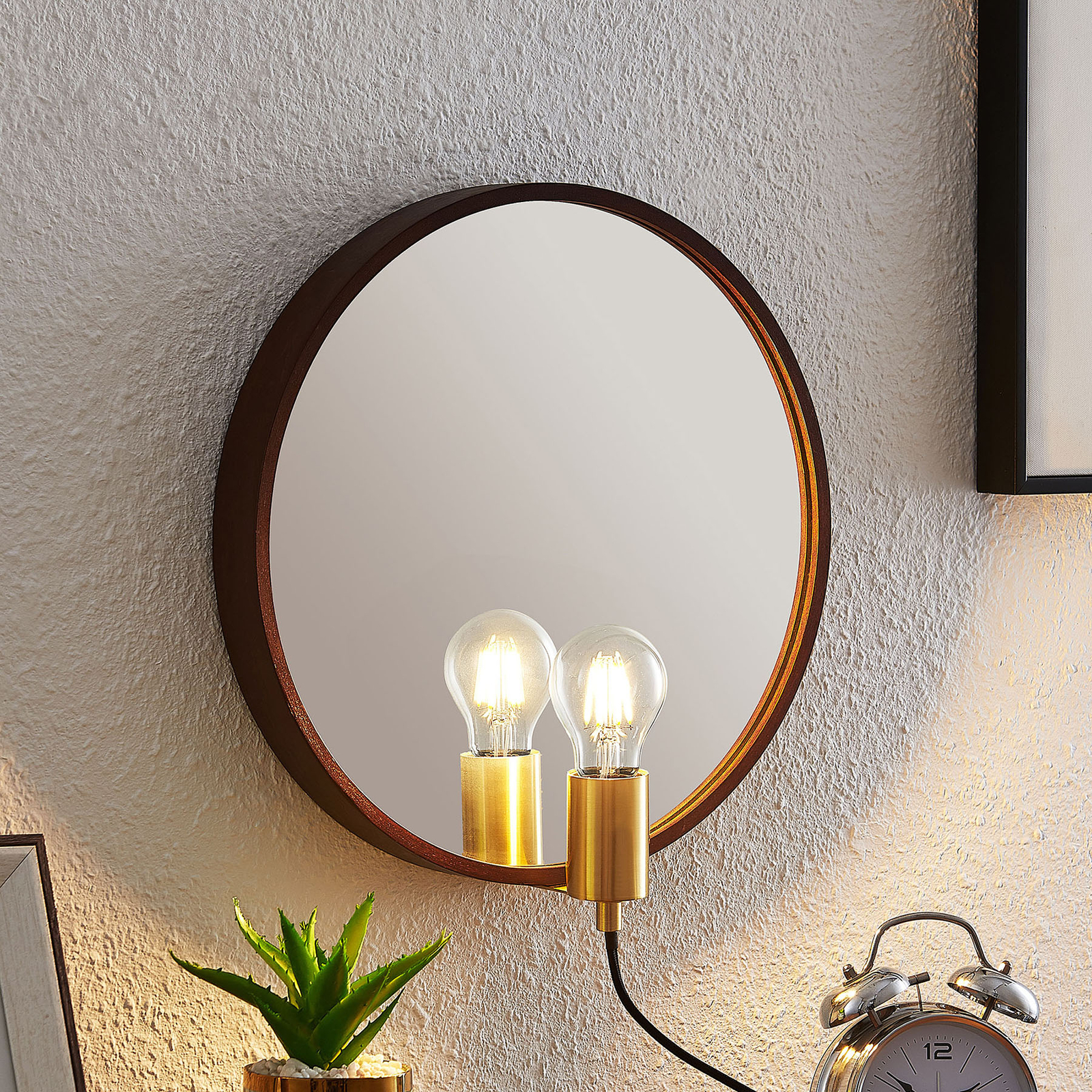 Lucande Lumani vägglampa med spegel, brun