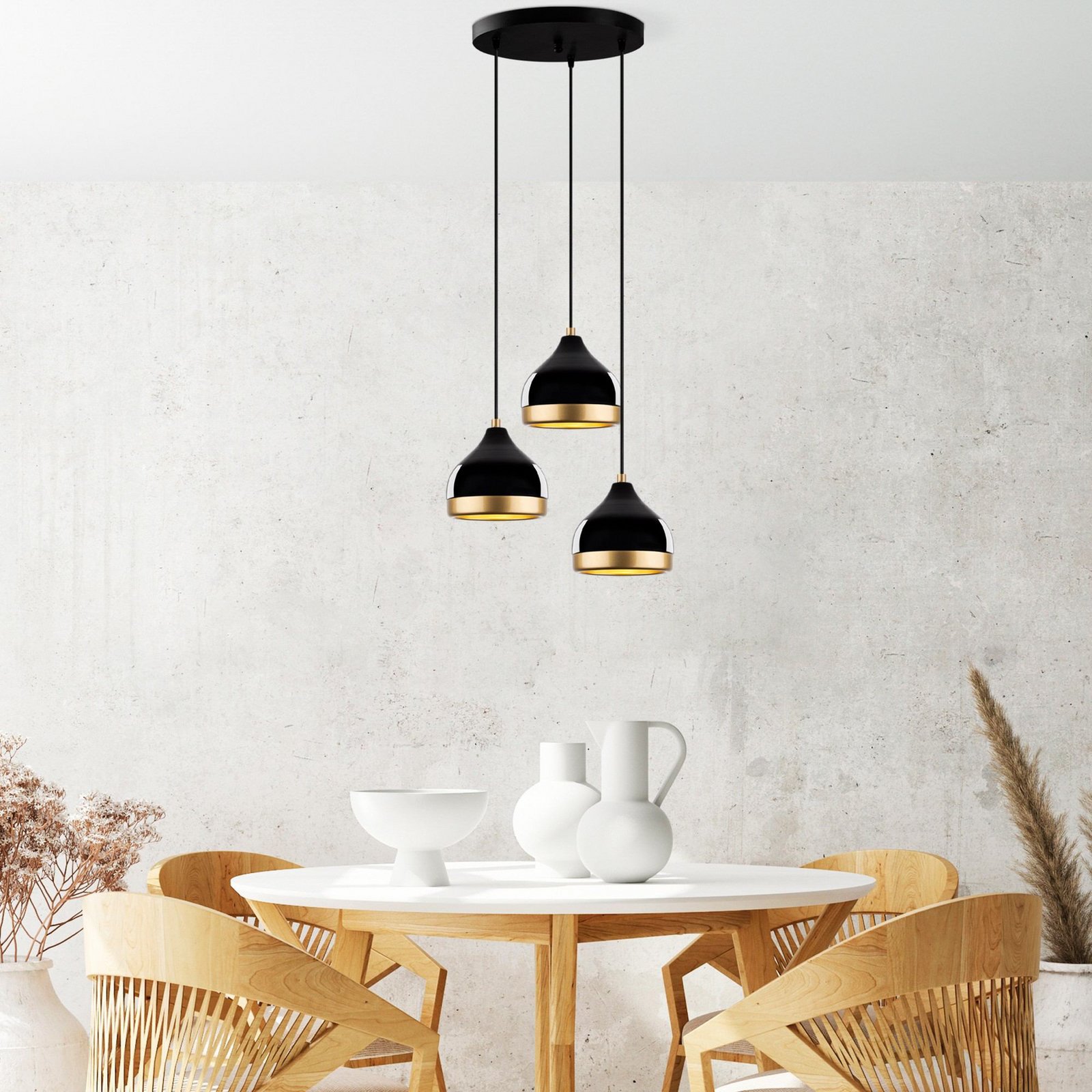 Yildo pendant light, 3-bulb, black/gold, round, Ø37 cm
